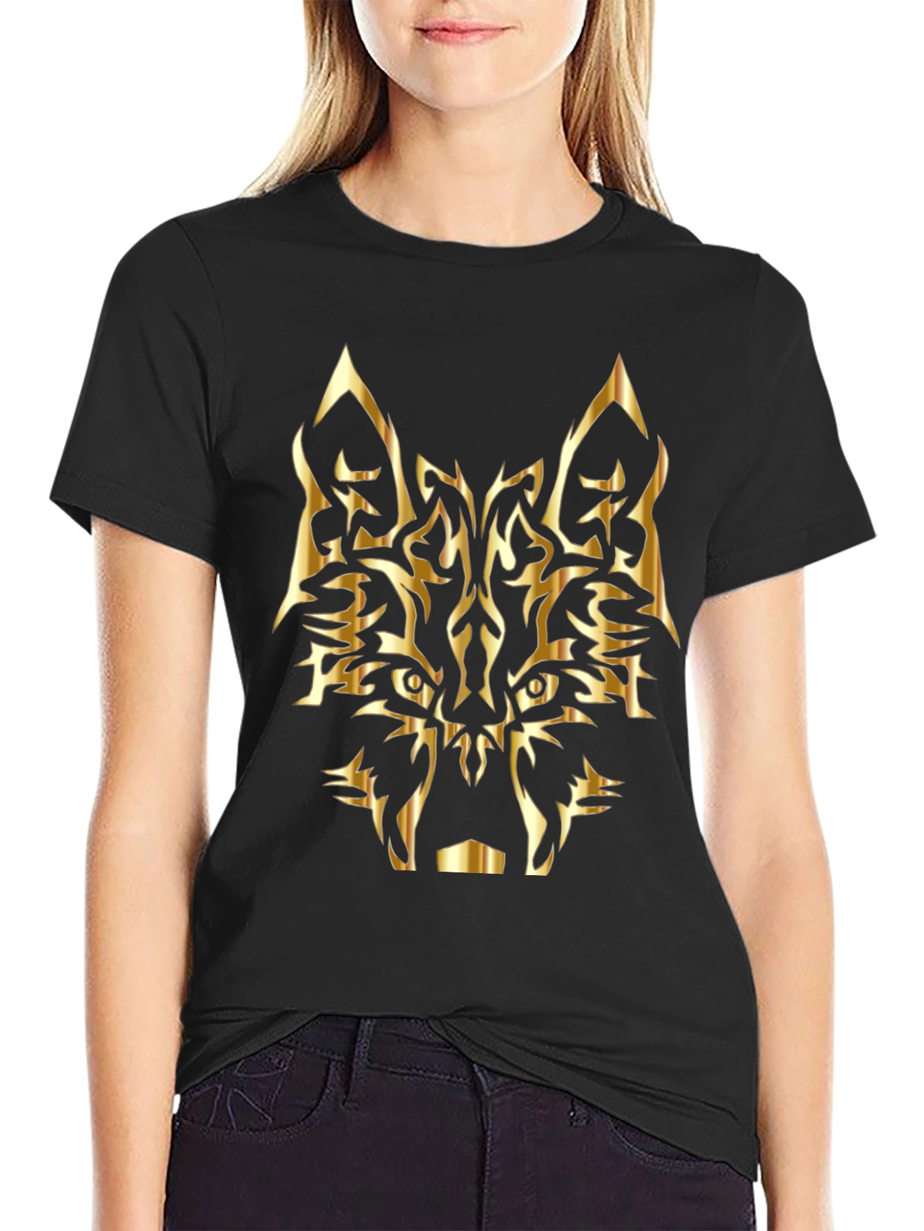 Black T-Shirt with Golden Wolf Design