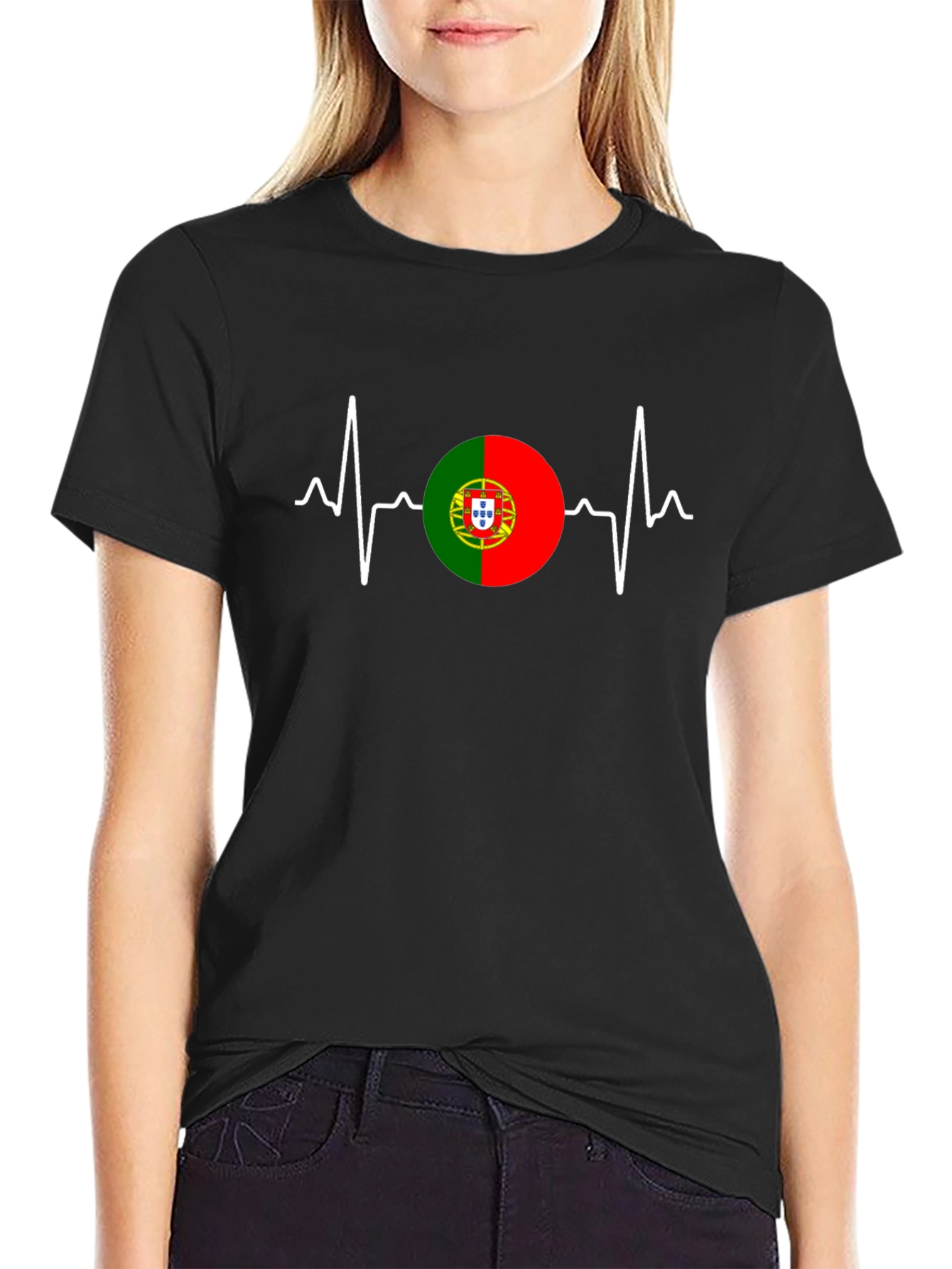 Portugal Flag Heartbeat Graphic Tee - Black
