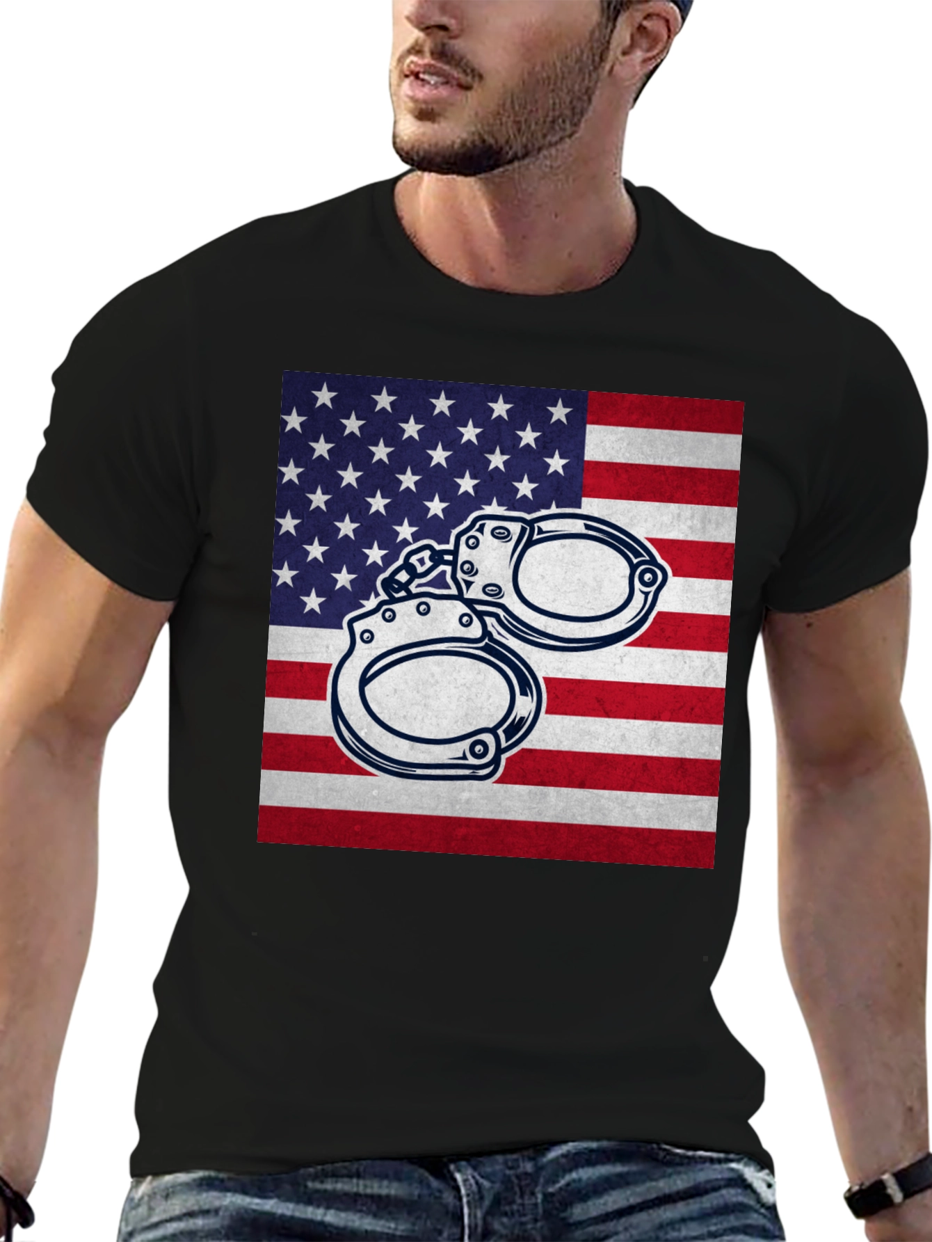 American Flag Handcuffs Graphic T-Shirt