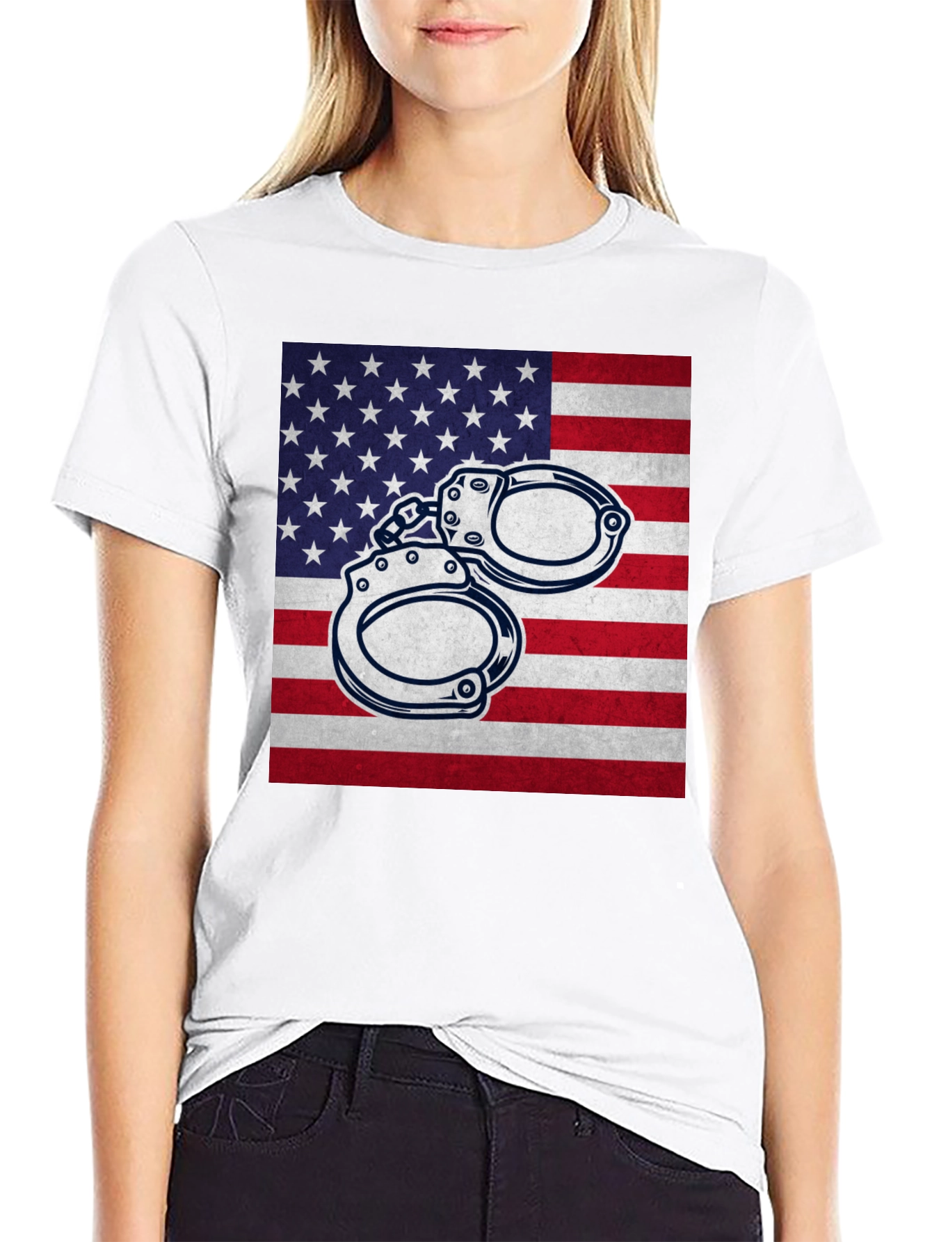 American Flag Handcuffs Graphic T-Shirt
