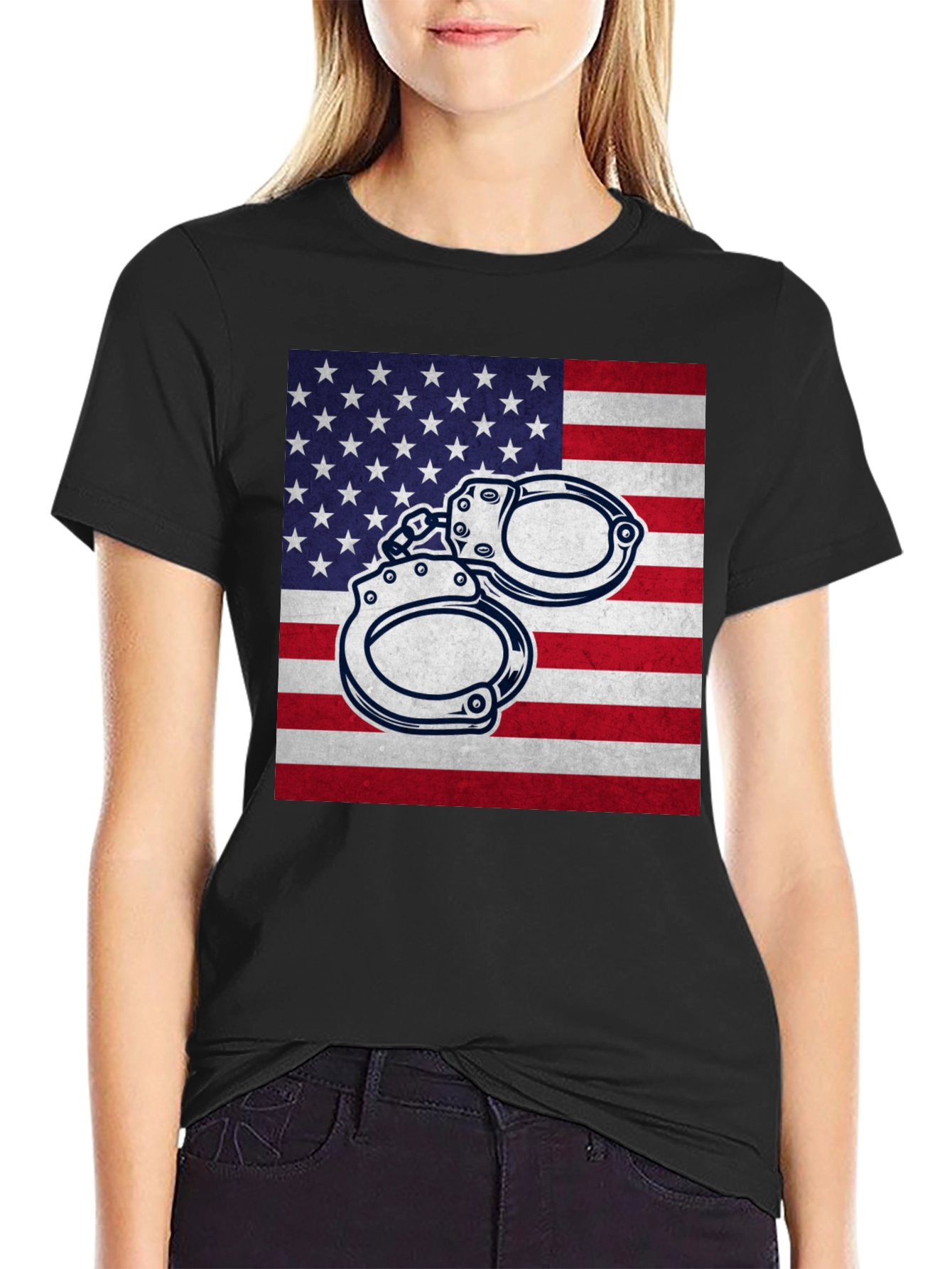 American Flag Handcuffs Graphic T-Shirt