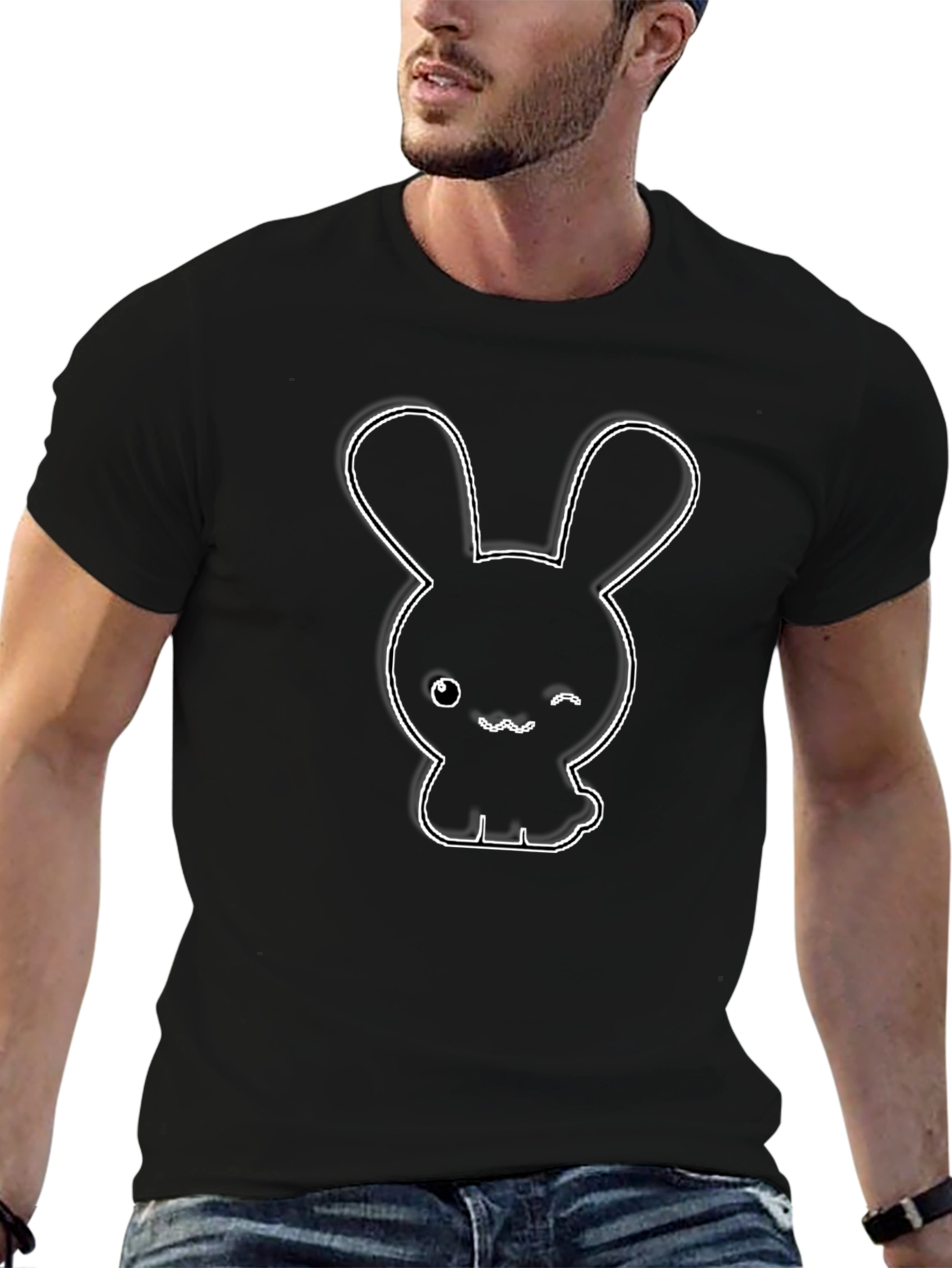 Cute Bunny Outline Black T-Shirt