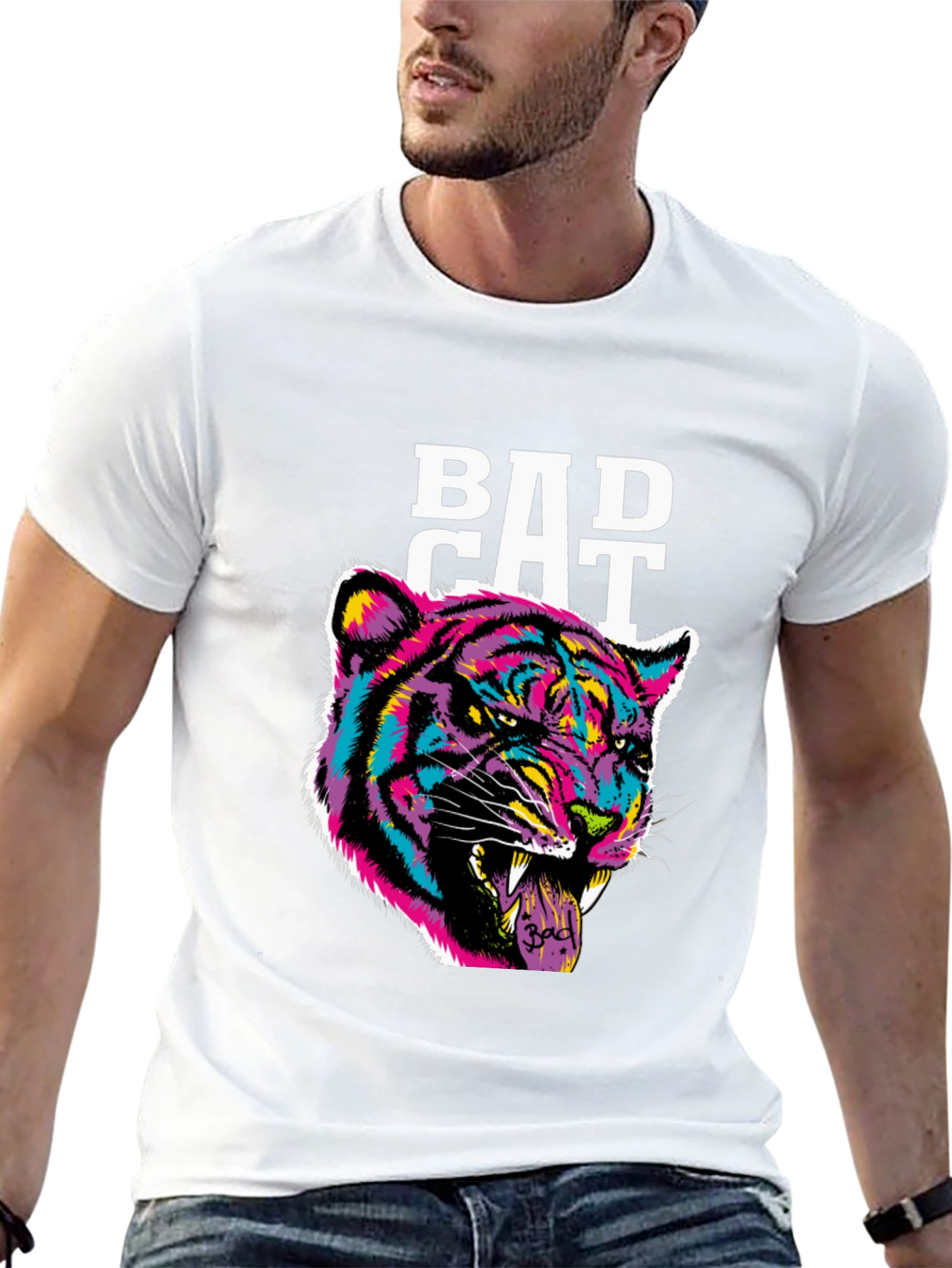 Bad Cat Graphic Print Tee - Black Cotton Blend