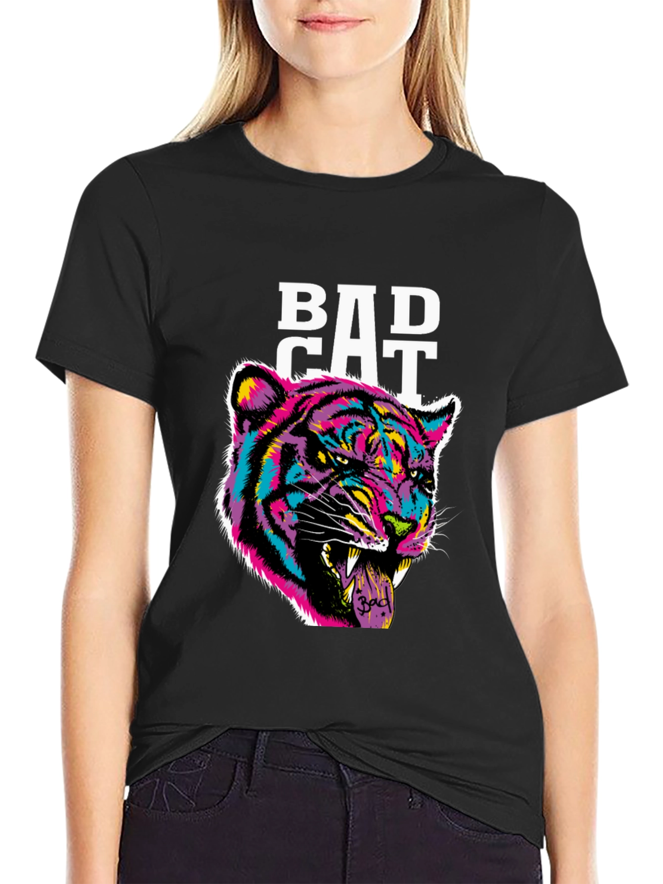 Bad Cat Graphic Print Tee - Black Cotton Blend