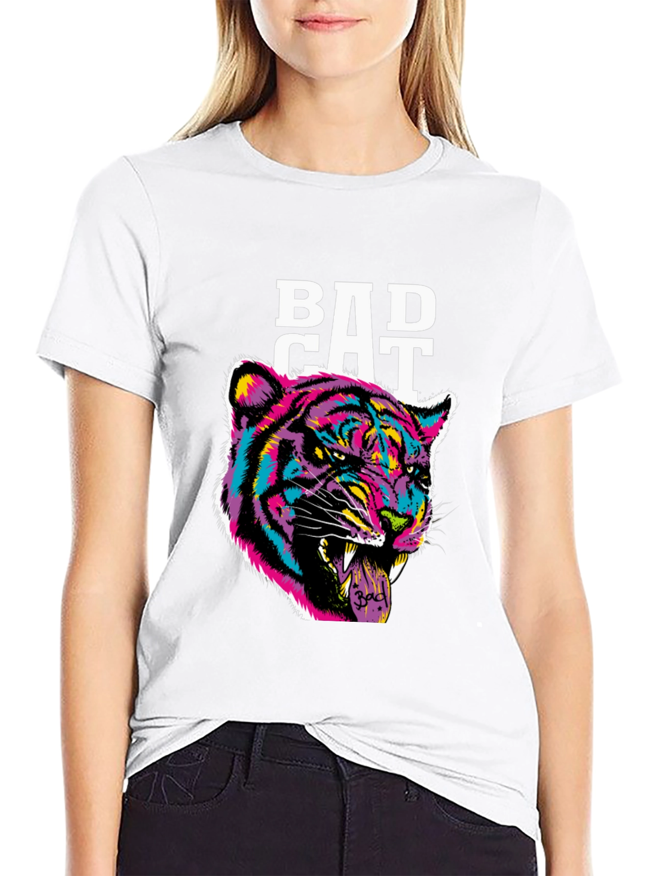 Bad Cat Graphic Print Tee - Black Cotton Blend