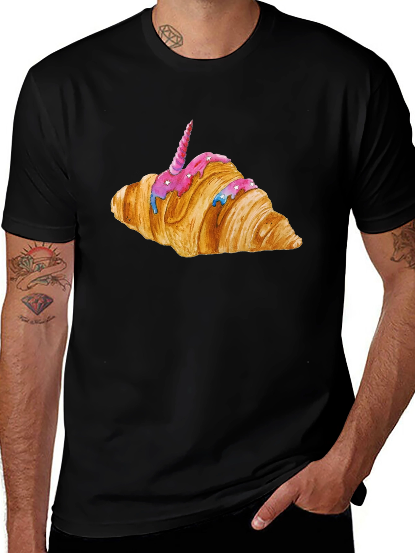 Unicorn Croissant Graphic T-Shirt - Black