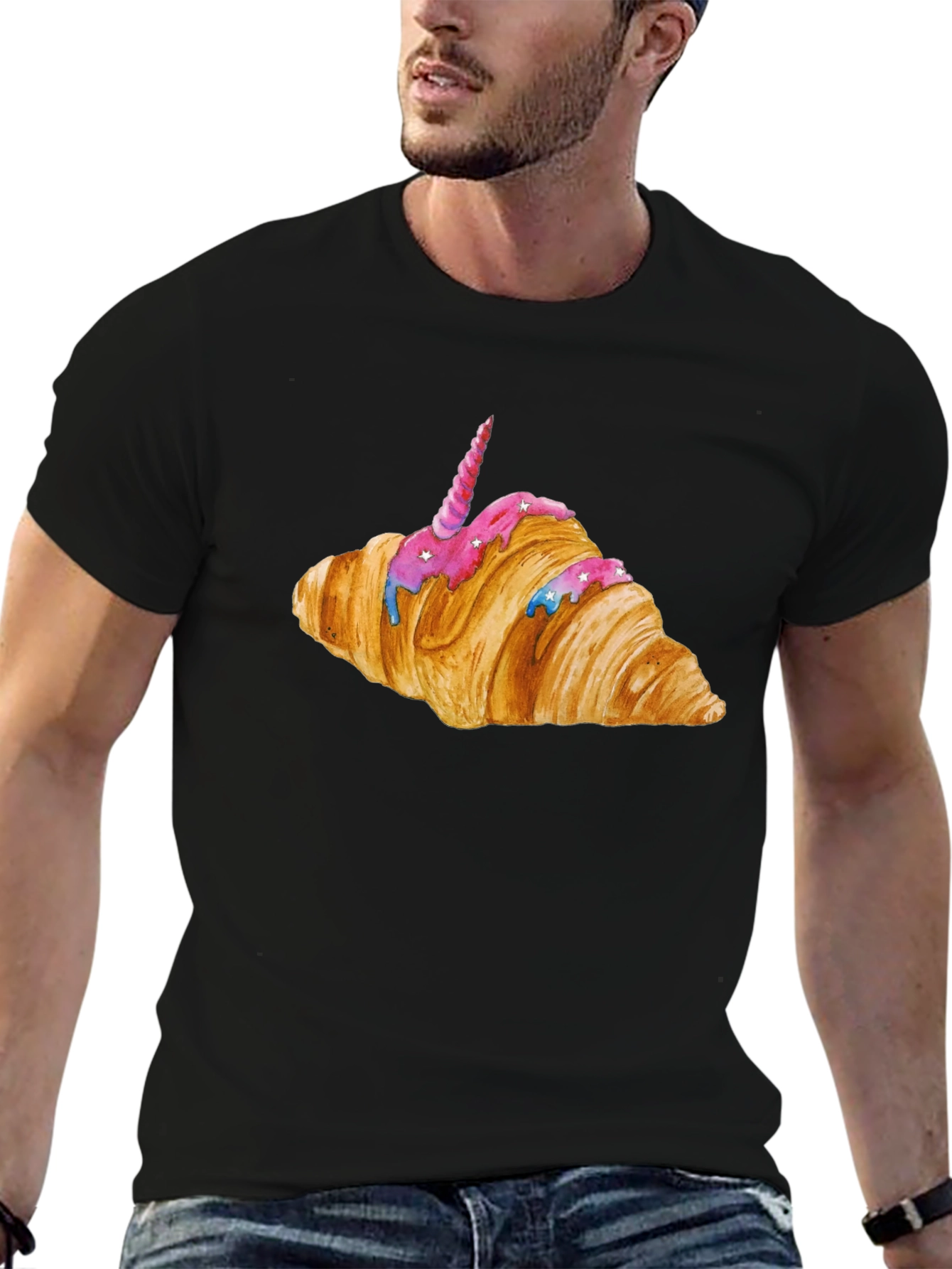 Unicorn Croissant Graphic T-Shirt - Black
