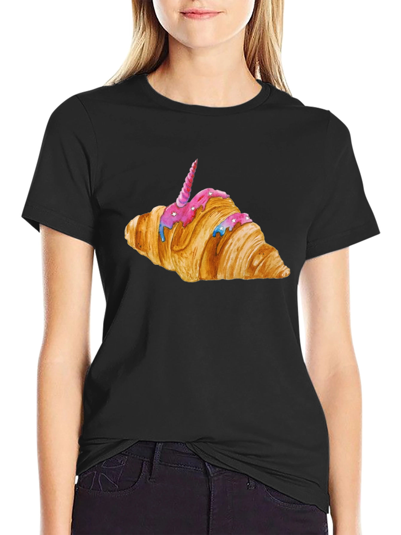 Unicorn Croissant Graphic T-Shirt - Black