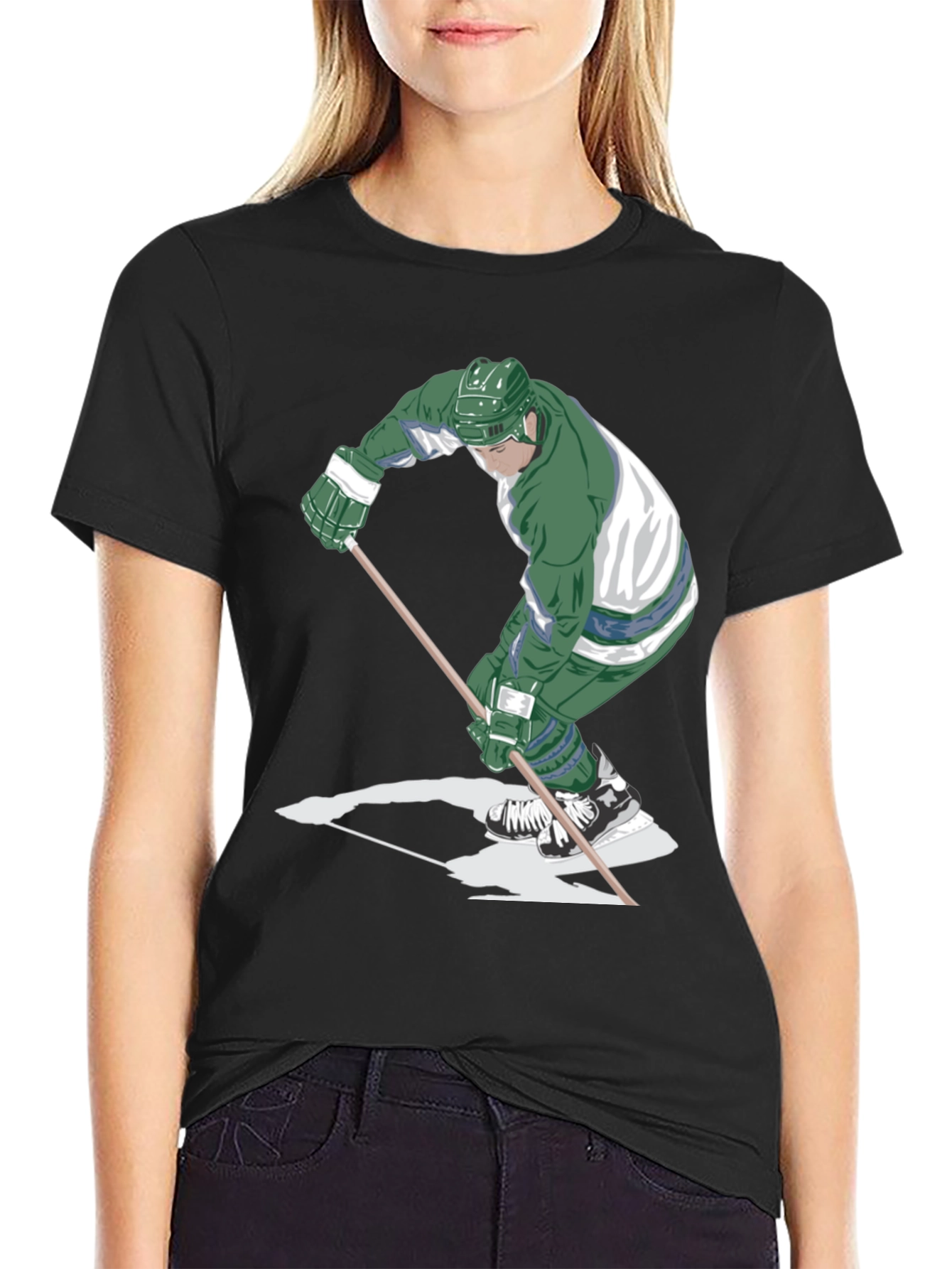 Hockey Player Graphic Tee - Black Cotton T-Shirt