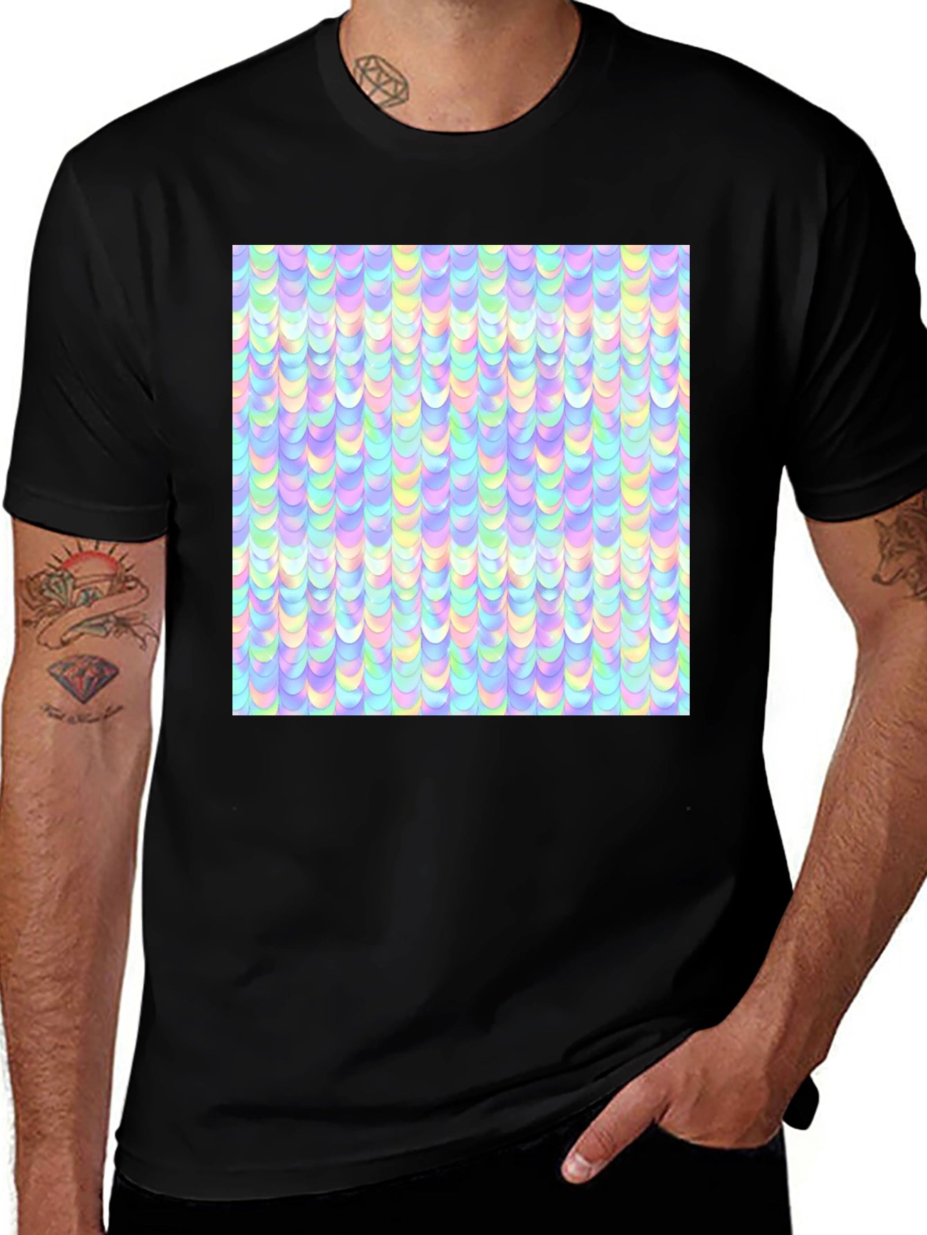 Iridescent Pastel Scale Print Black T-Shirt