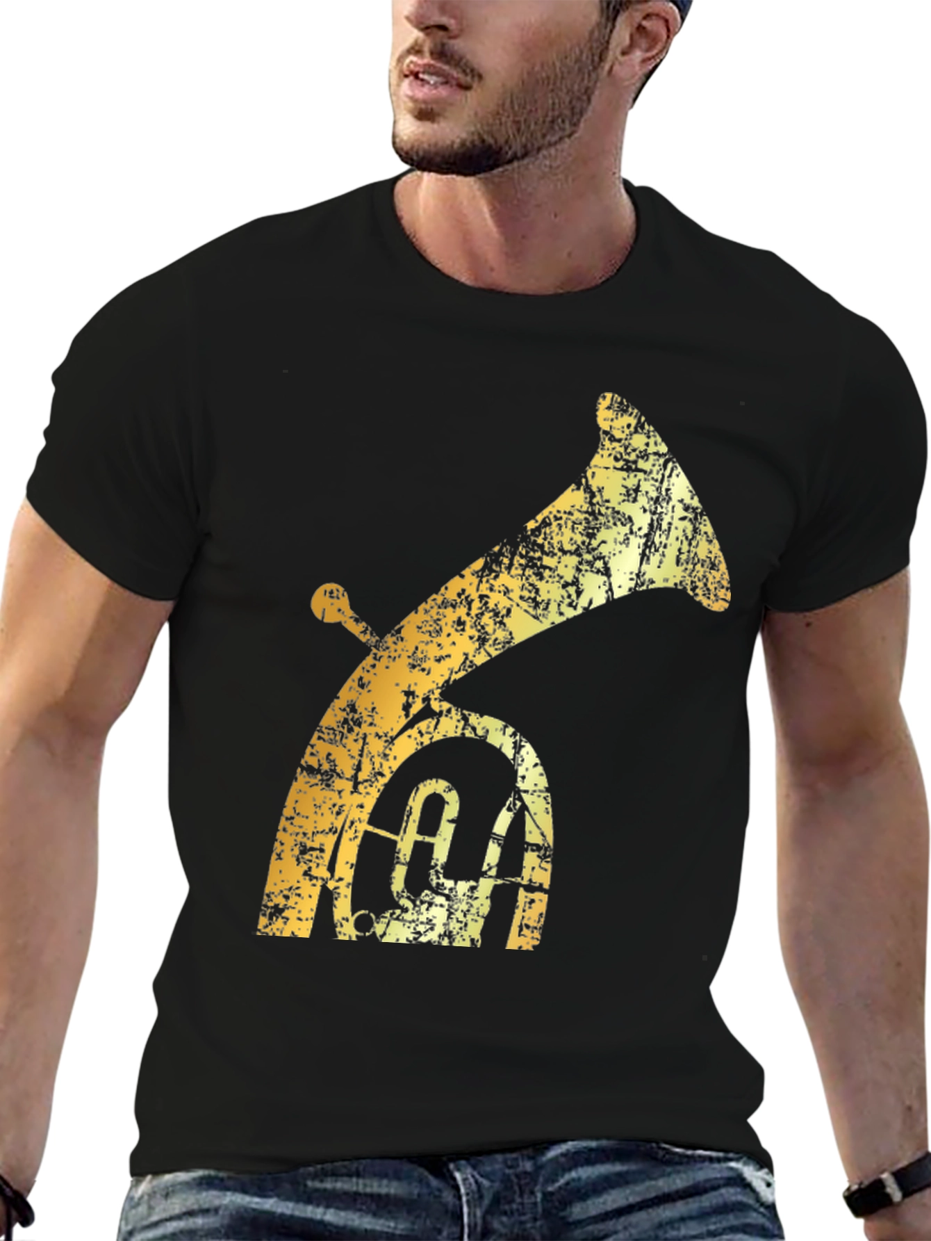 Tuba Graphic T-Shirt - Distressed Gold on Black