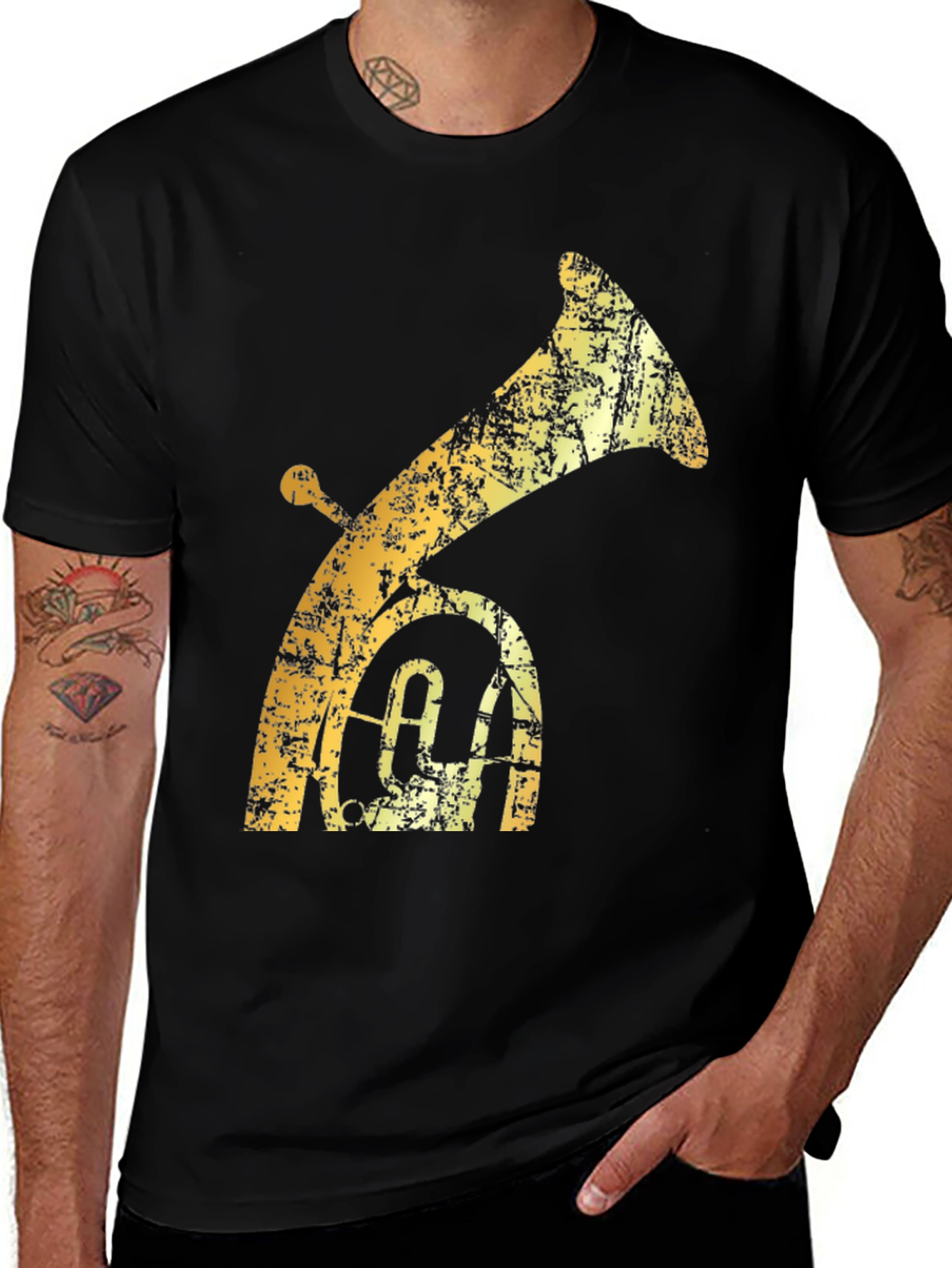 Tuba Graphic T-Shirt - Distressed Gold on Black