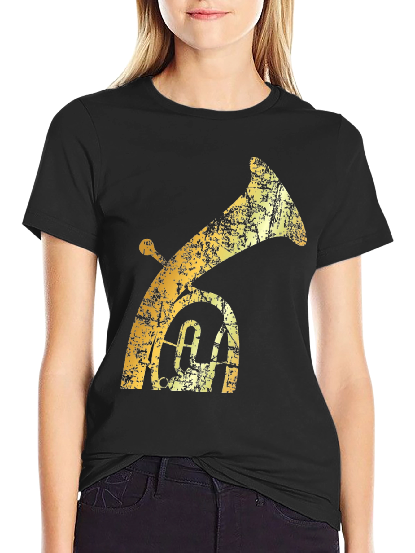 Tuba Graphic T-Shirt - Distressed Gold on Black