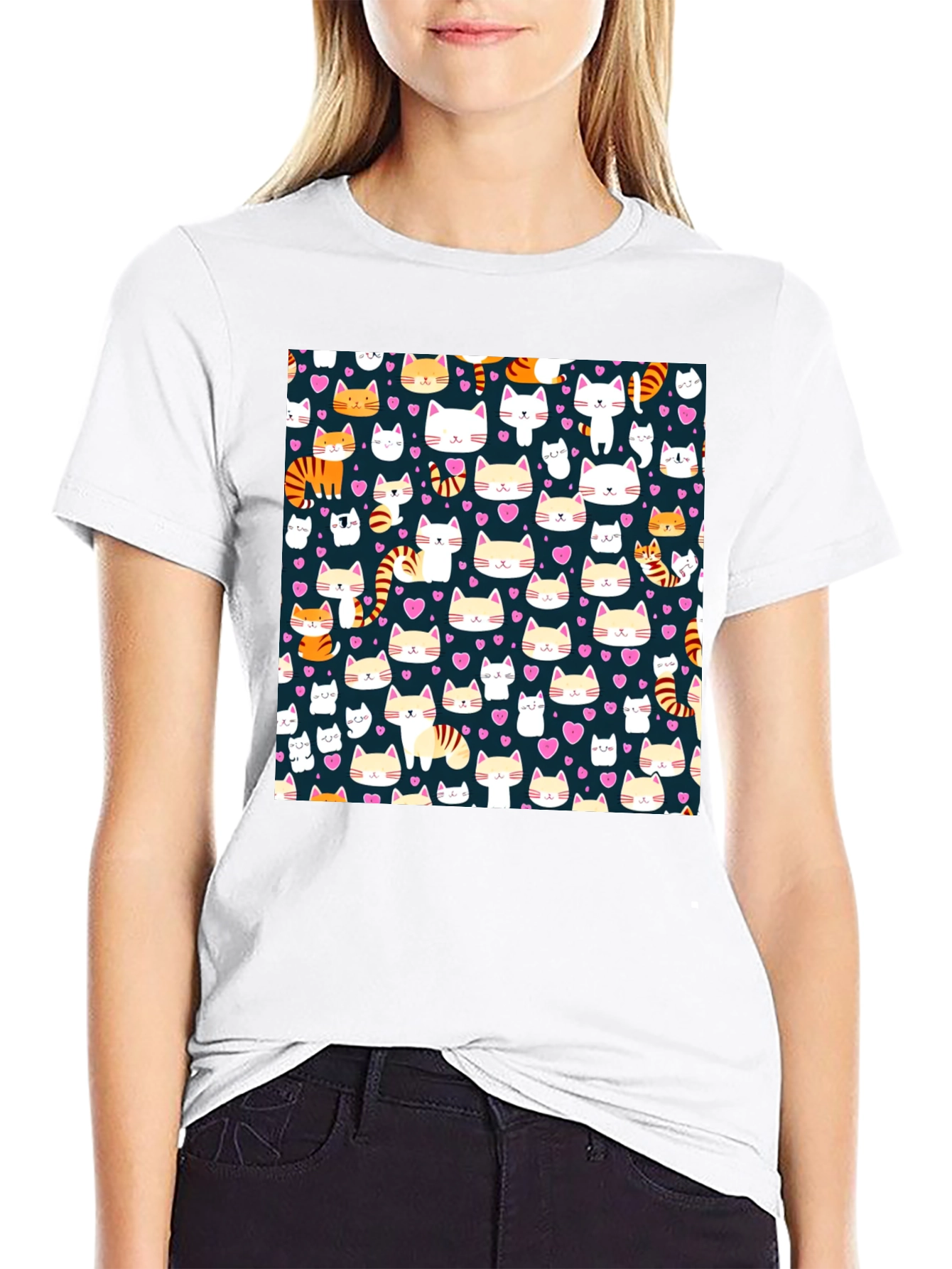 Cute Cat Pattern Black T-Shirt