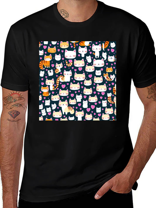 Cute Cat Pattern Black T-Shirt