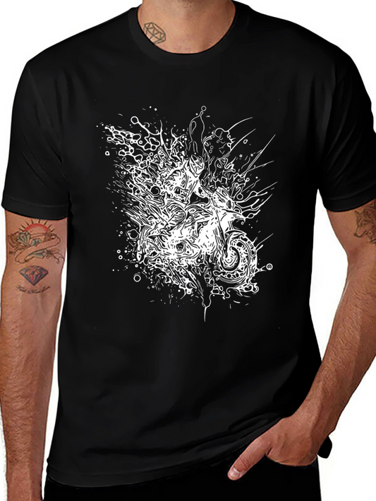 Abstract Motorcycle Graphic Tee - Black Cotton Blend Shirt