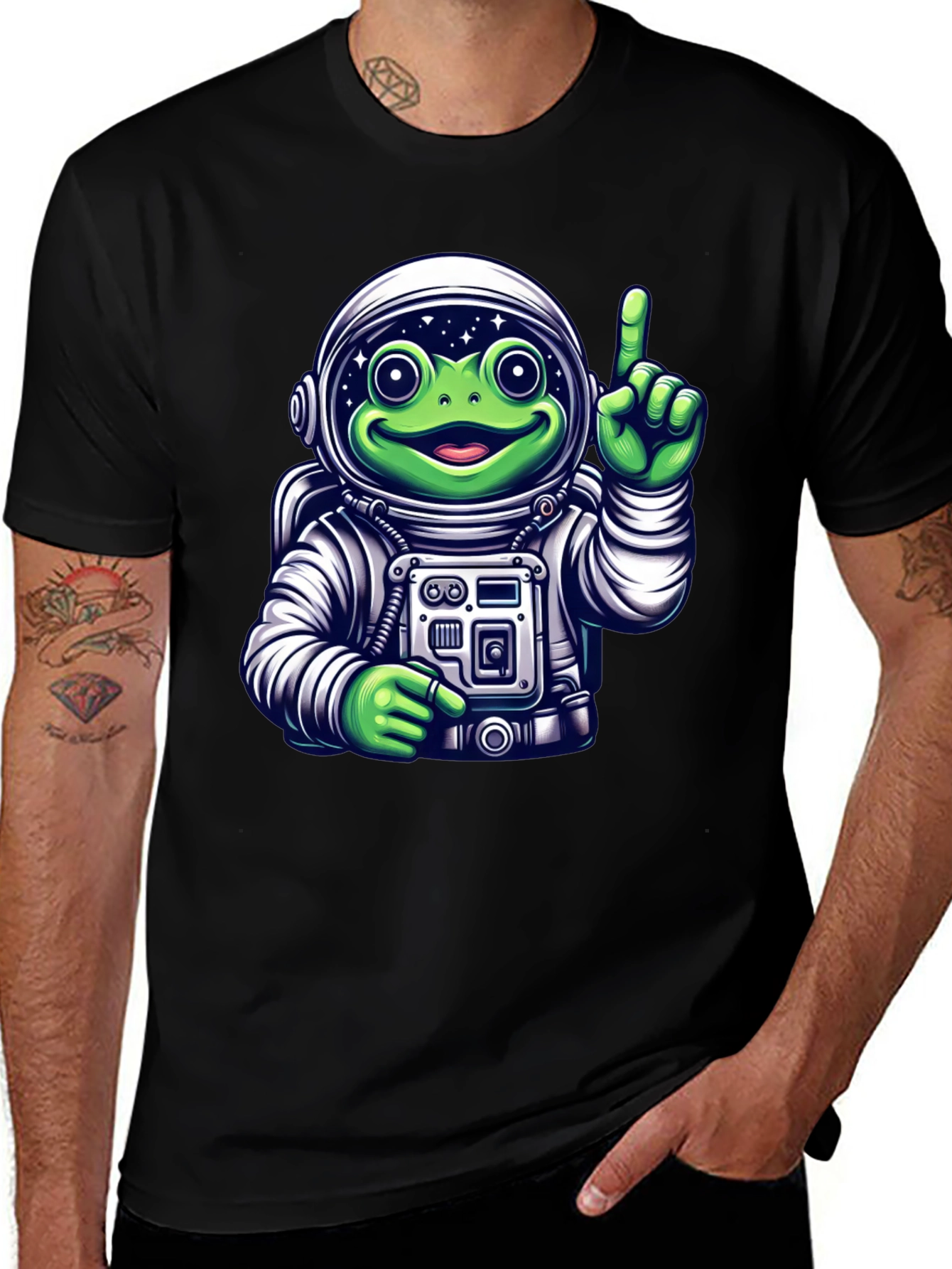Frog Astronaut Graphic T-Shirt - Black Crew Neck Tee