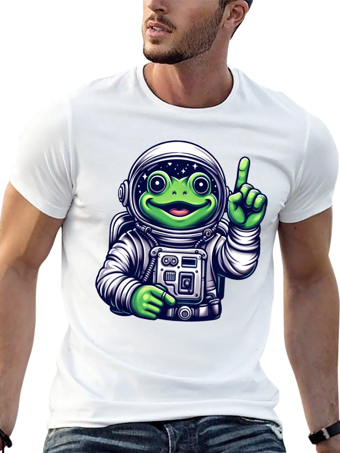 Frog Astronaut Graphic T-Shirt - Black Crew Neck Tee