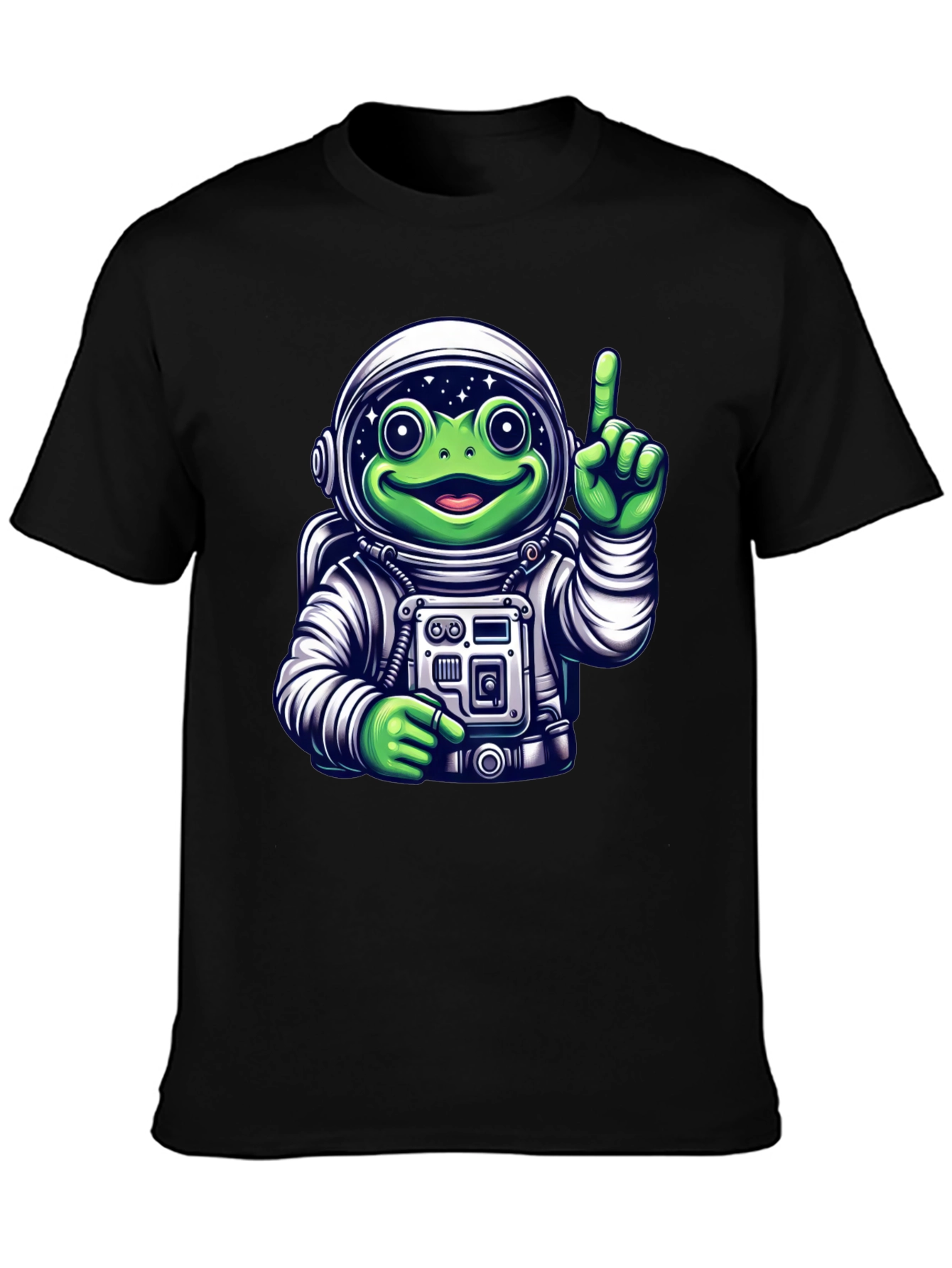 Frog Astronaut Graphic T-Shirt - Black Crew Neck Tee