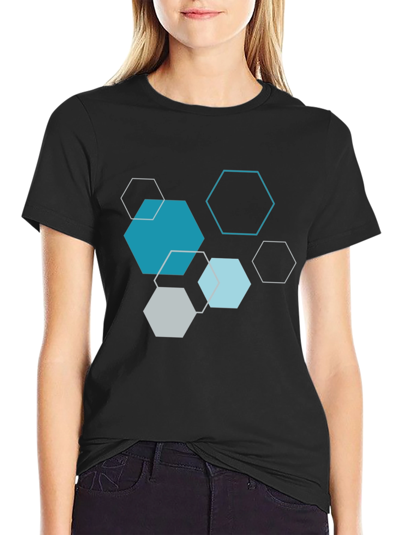 Geometric Hexagon Print Black T-Shirt