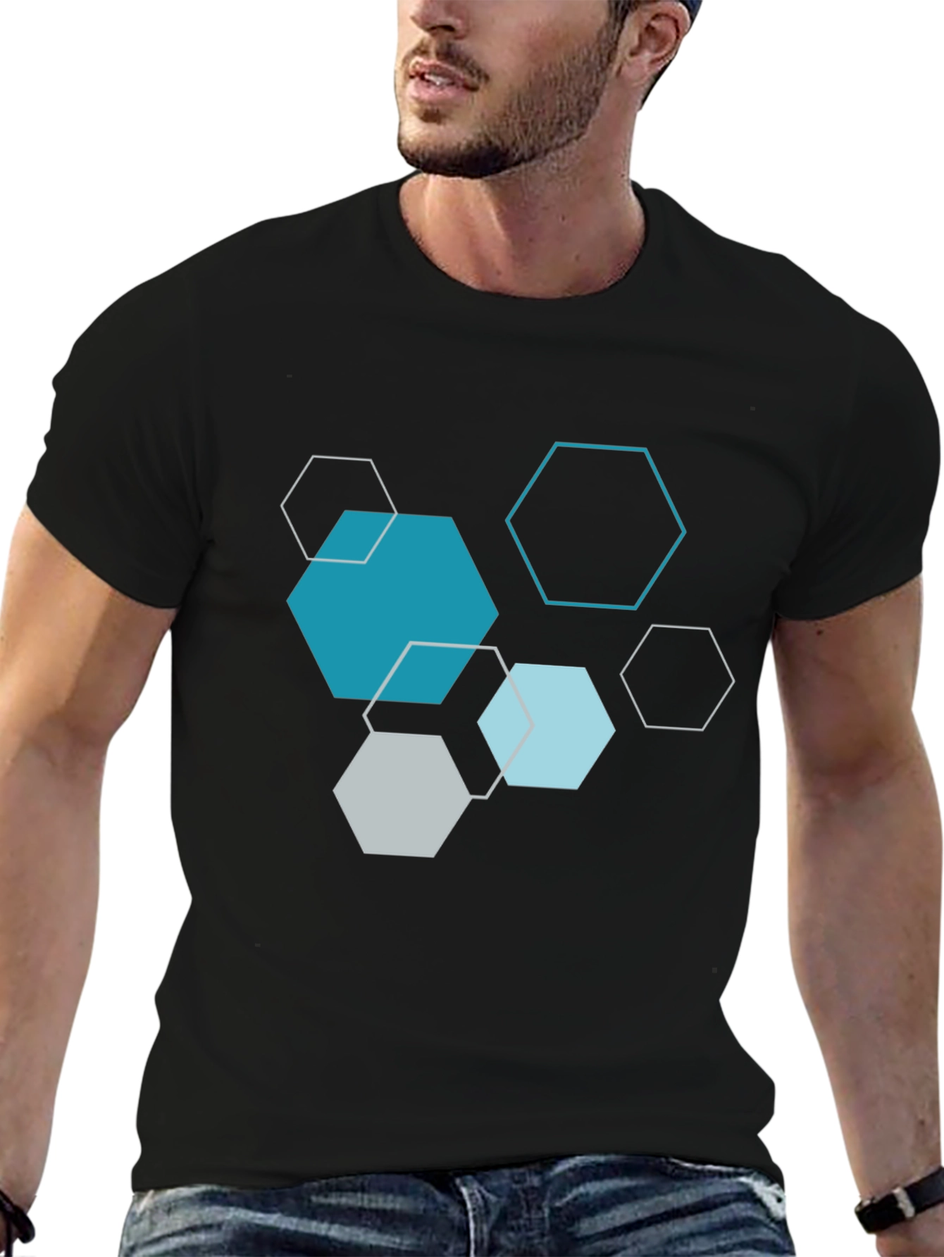 Geometric Hexagon Print Black T-Shirt