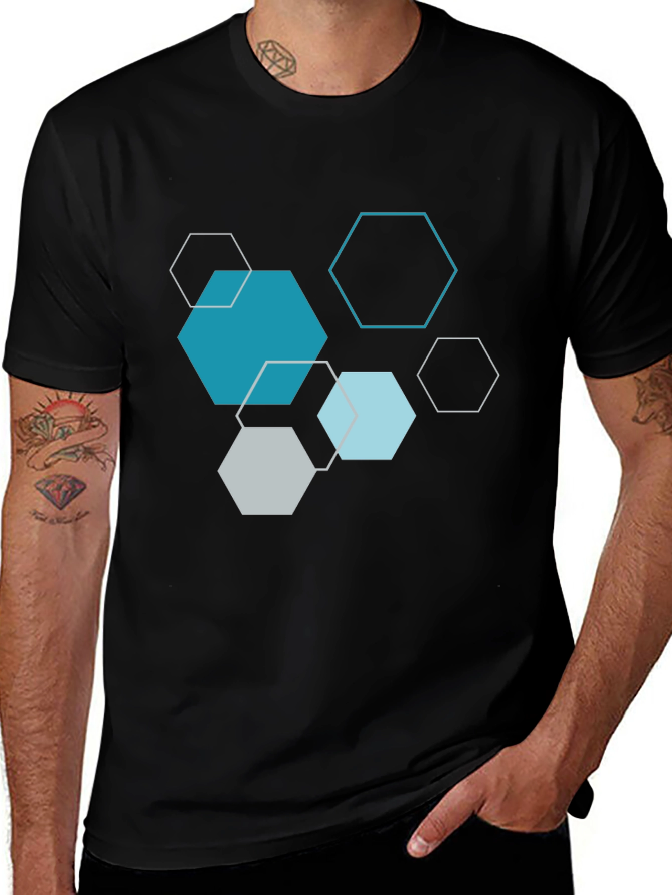 Geometric Hexagon Print Black T-Shirt