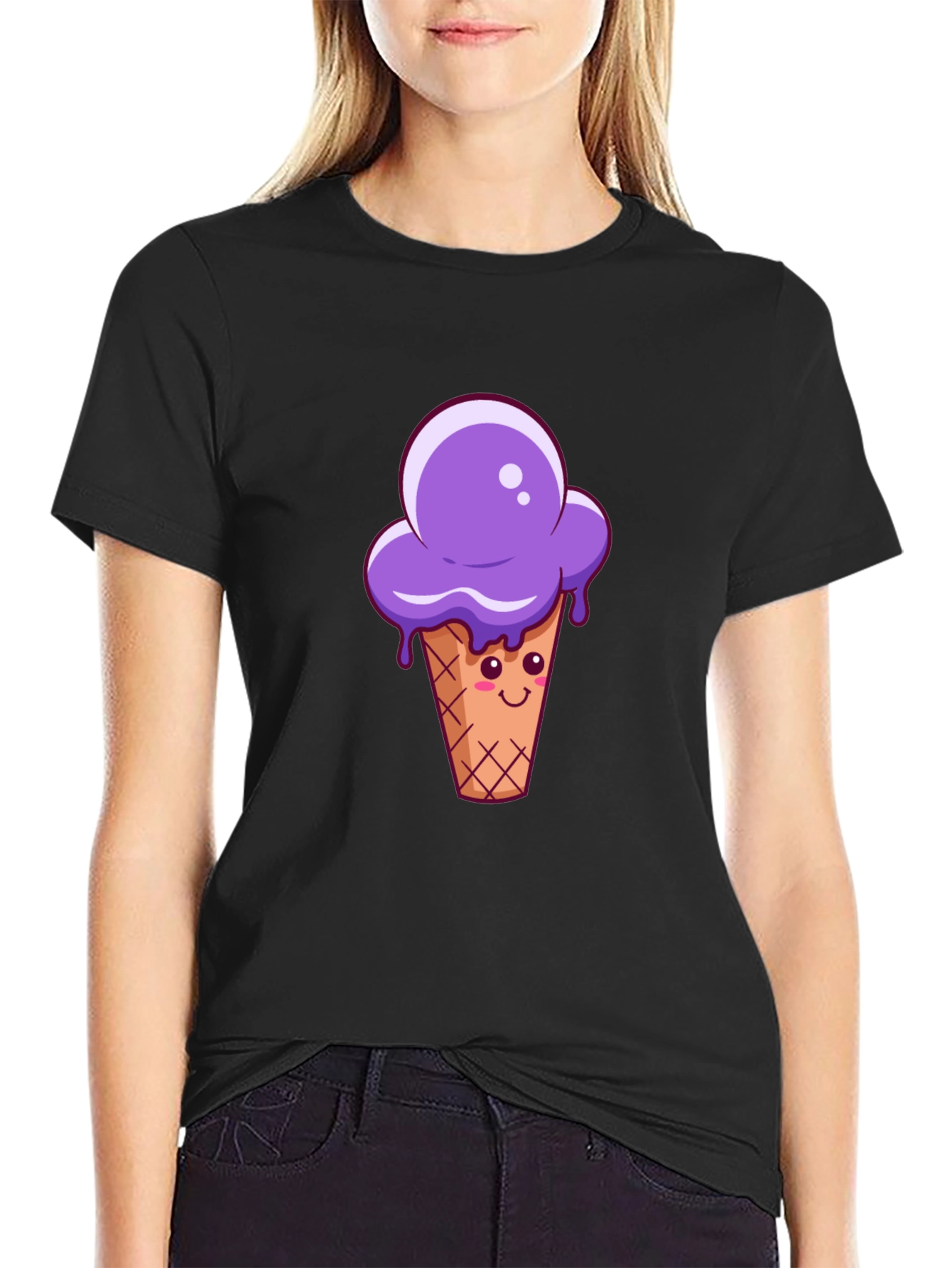Purple Ice Cream Graphic Black T-Shirt