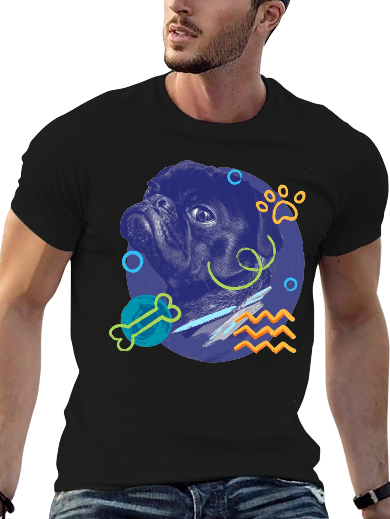 Pug Graphic Print Black T-Shirt