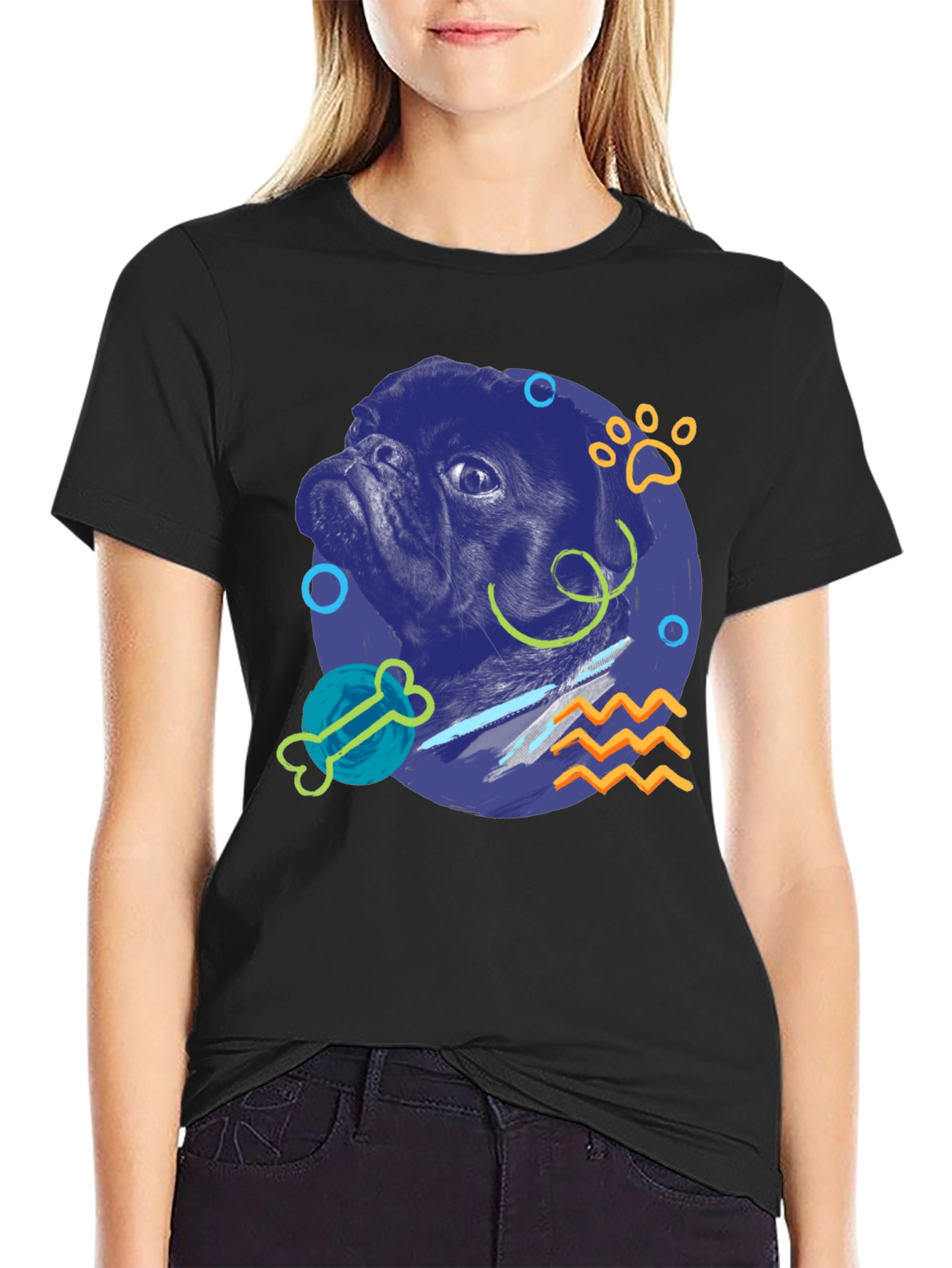 Pug Graphic Print Black T-Shirt