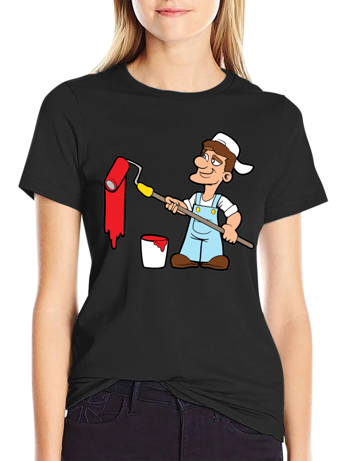 Painter Cartoon Graphic T-Shirt - Black
