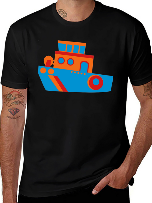 Cartoon Boat Graphic Tee - Casual Cotton Shirt