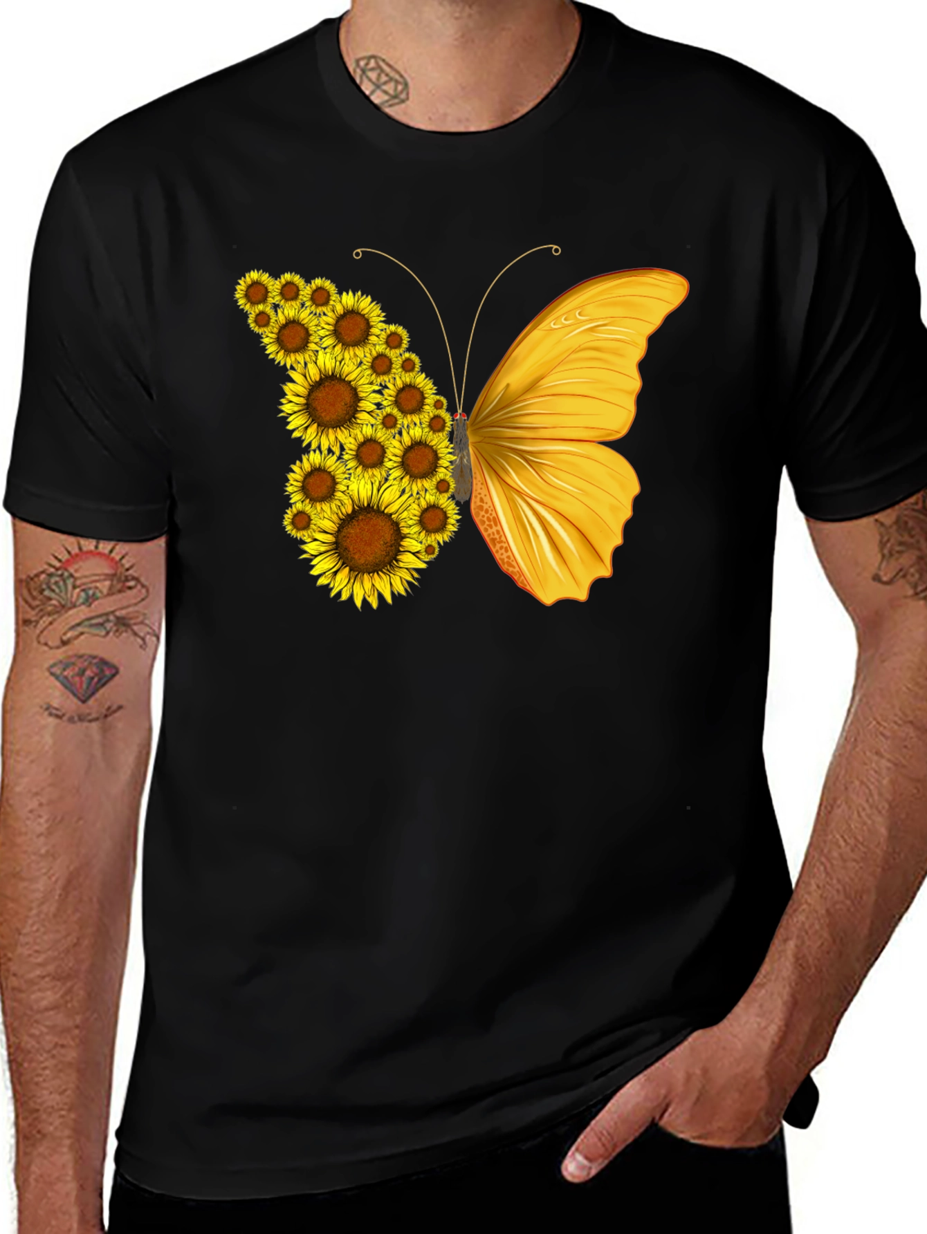 Sunflower Butterfly Graphic T-Shirt - Black