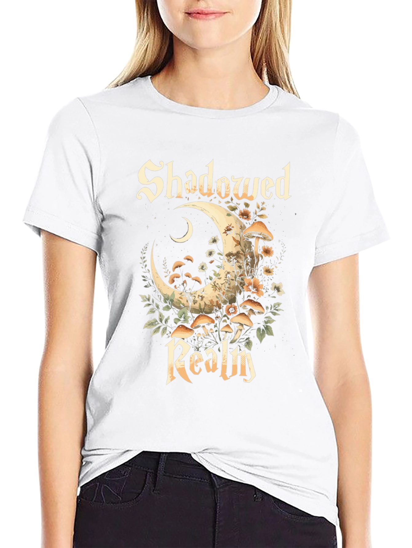 Shadowed Realm Graphic Tee - Moon & Mushroom Design