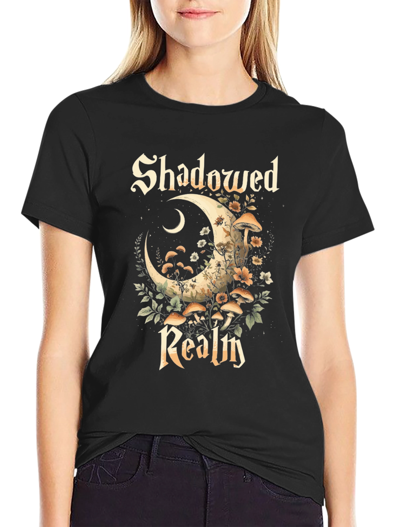 Shadowed Realm Graphic Tee - Moon & Mushroom Design
