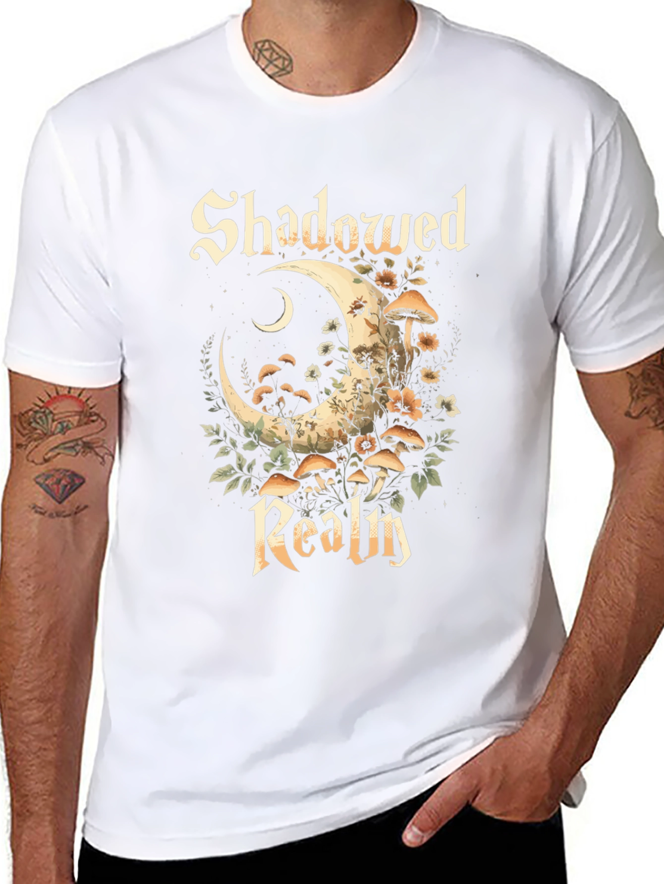 Shadowed Realm Graphic Tee - Moon & Mushroom Design
