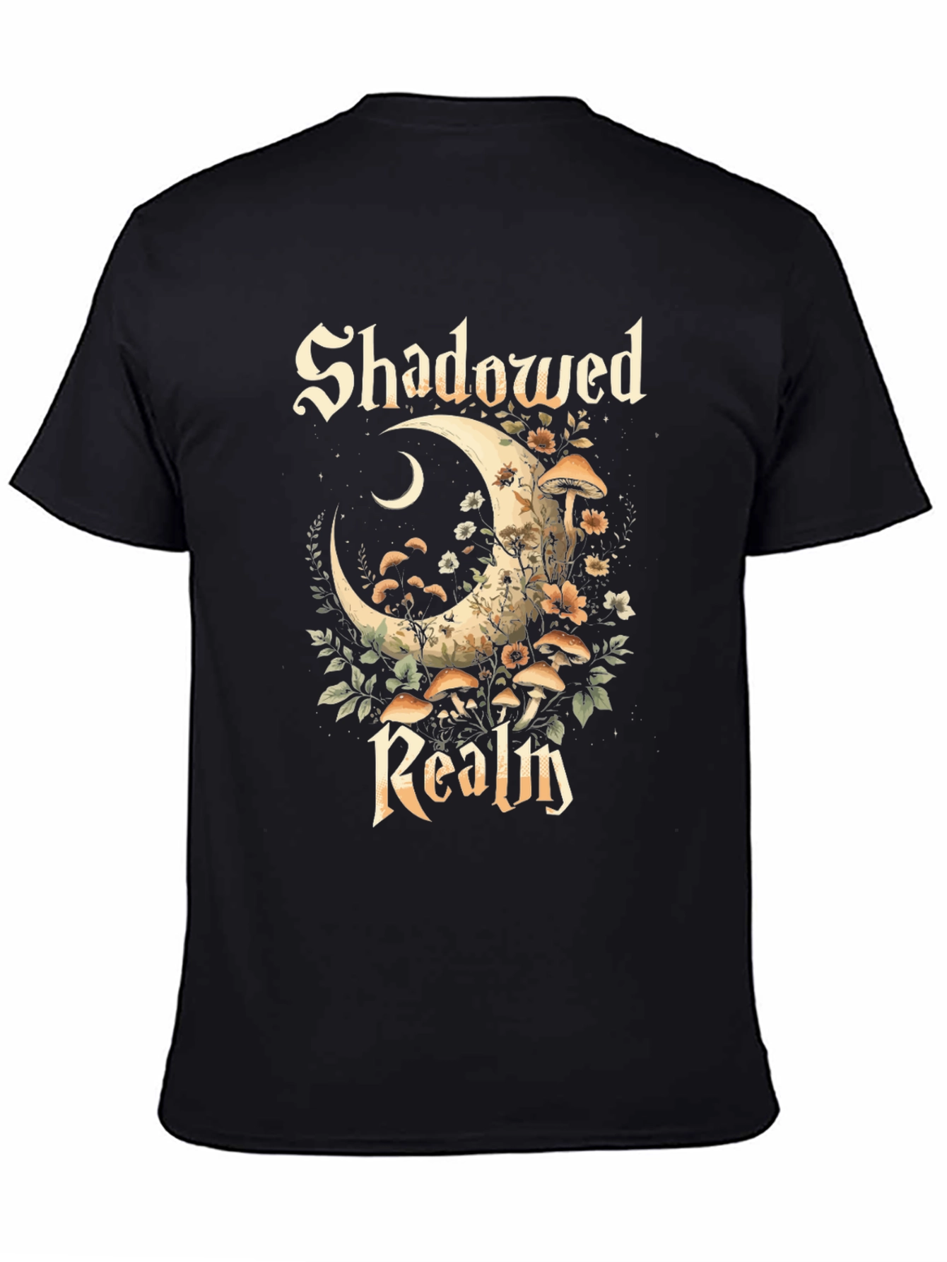 Shadowed Realm Graphic Tee - Moon & Mushroom Design