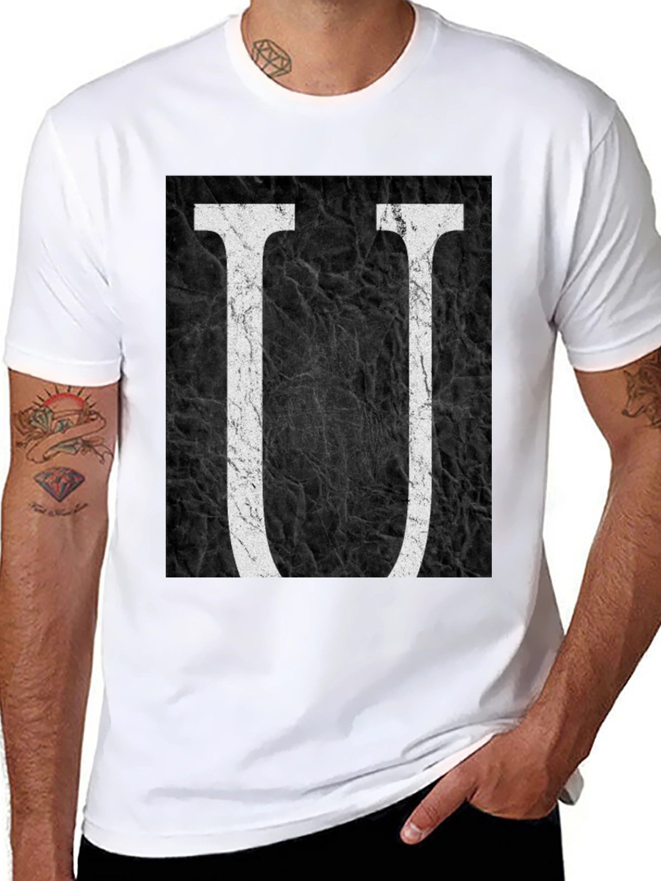 Abstract Letter U Graphic Black T-Shirt
