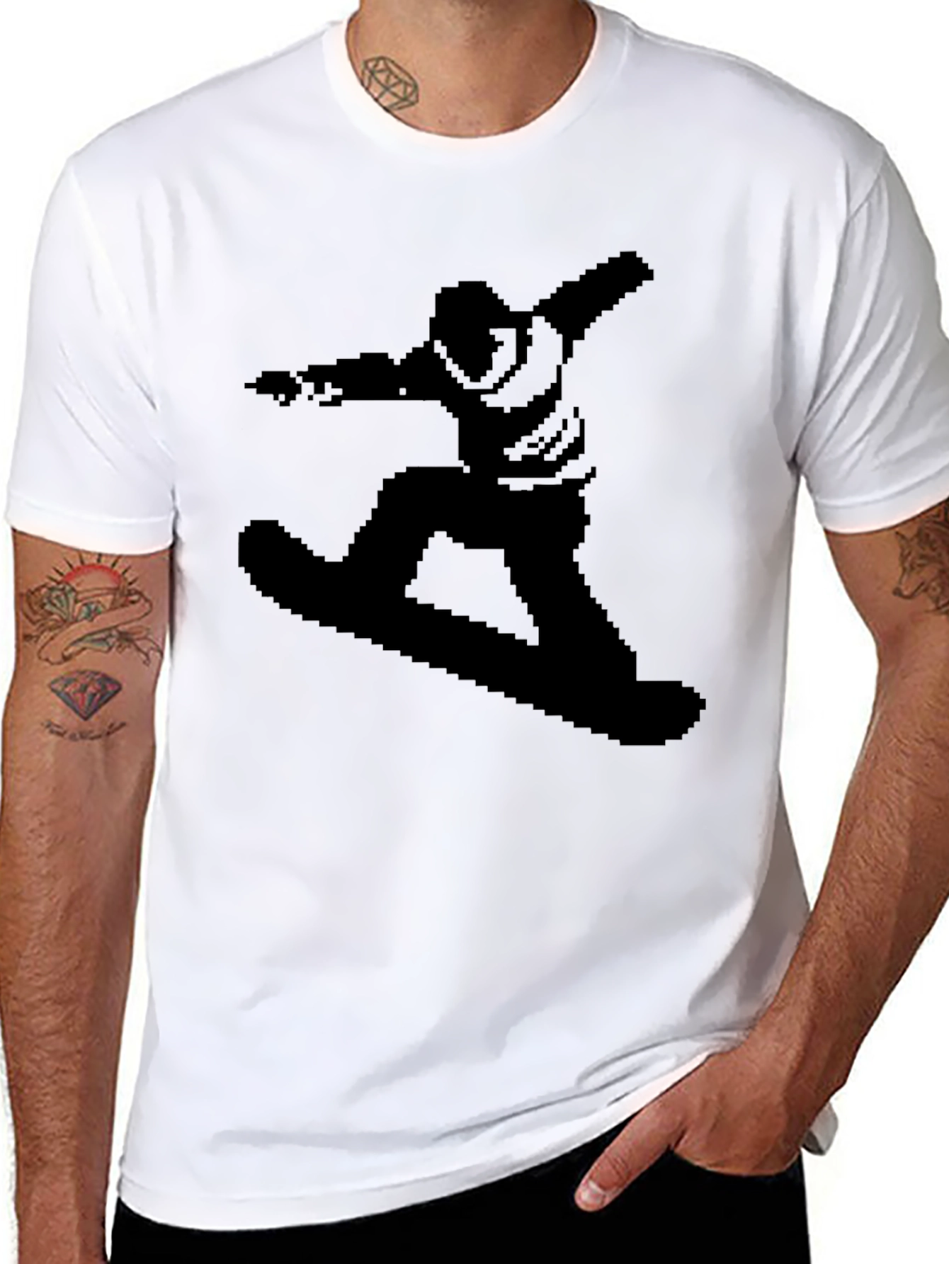 Retro 8-Bit Snowboarder Graphic Tee - Black
