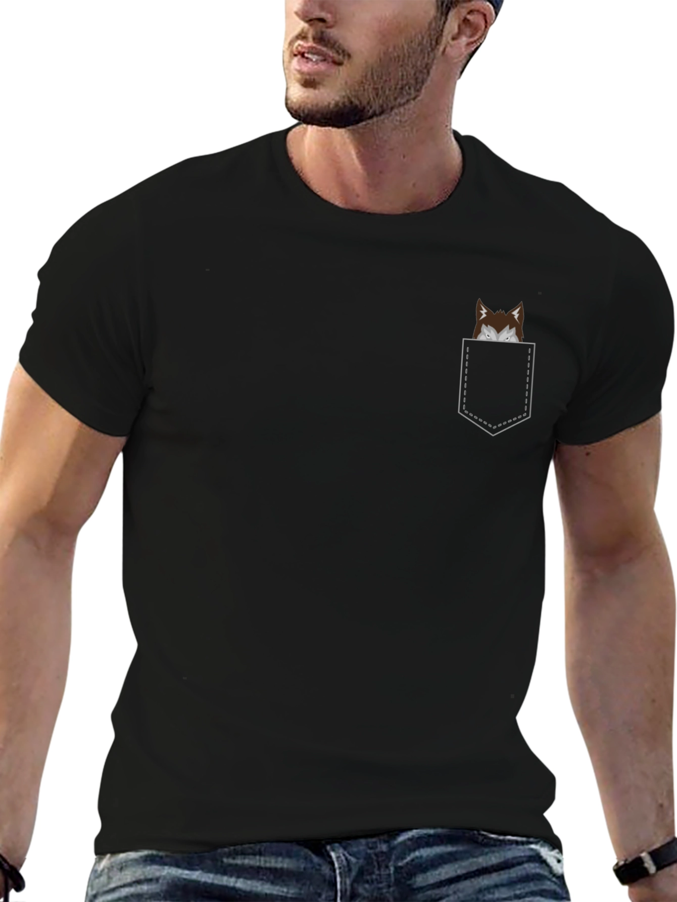 Mens Black T-Shirt with Novelty Pocket Print