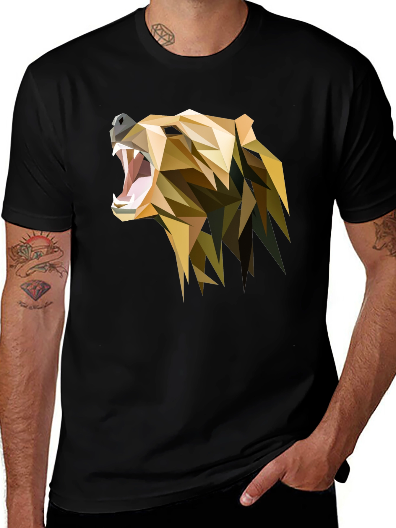 Geometric Bear Graphic Black T-Shirt