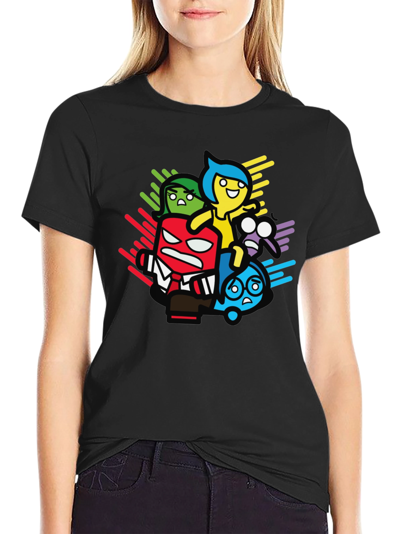 Inside Out Cartoon Graphic Print Black T-Shirt