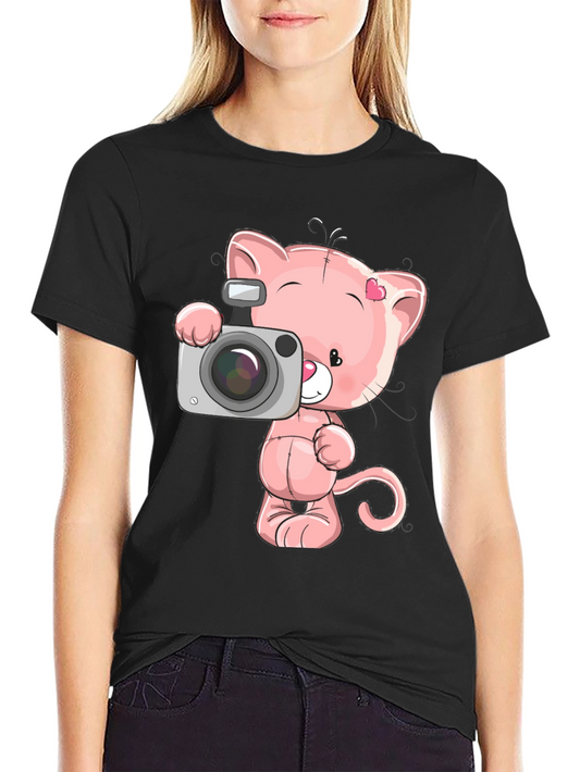 Cute Cartoon Cat with Camera Graphic T-Shirt