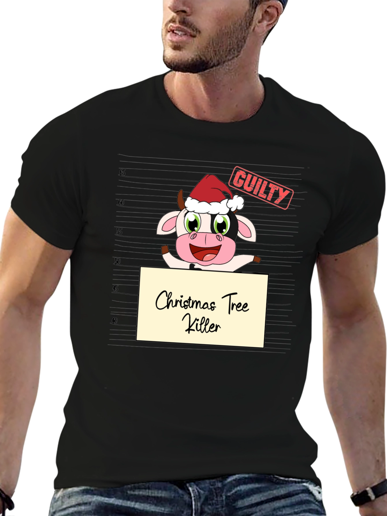 Christmas Tree Killer Cow Graphic T-Shirt