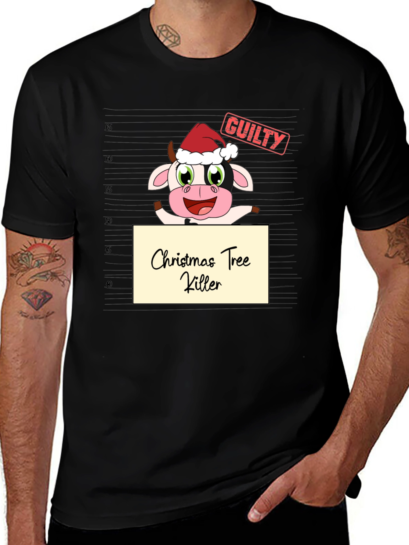 Christmas Tree Killer Cow Graphic T-Shirt