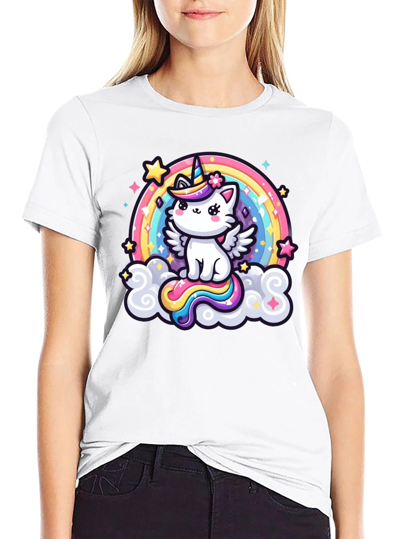 Cute Rainbow Unicorn Kitten Graphic T-Shirt