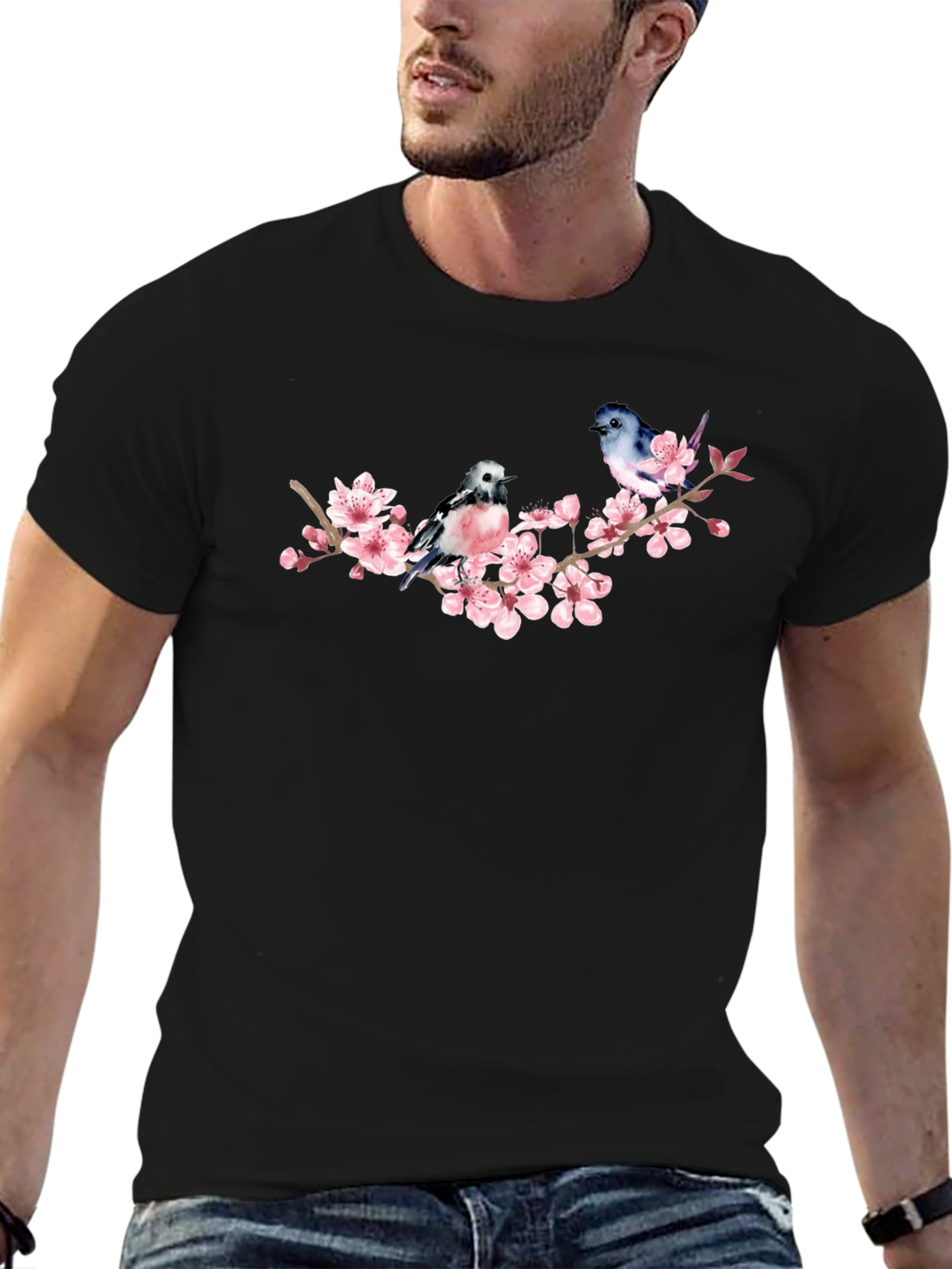 Birds on Cherry Blossom Branch Graphic T-Shirt