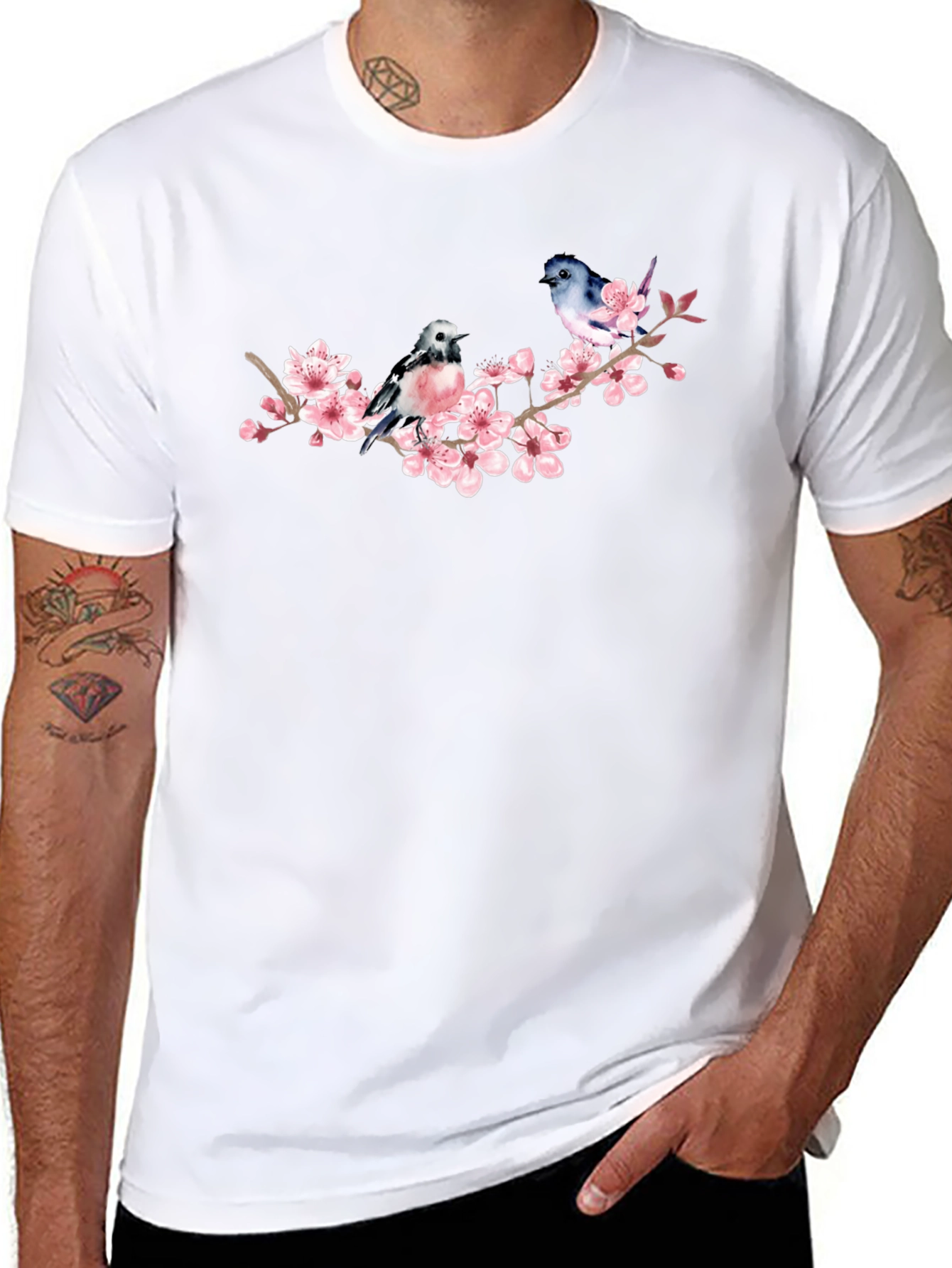 Birds on Cherry Blossom Branch Graphic T-Shirt