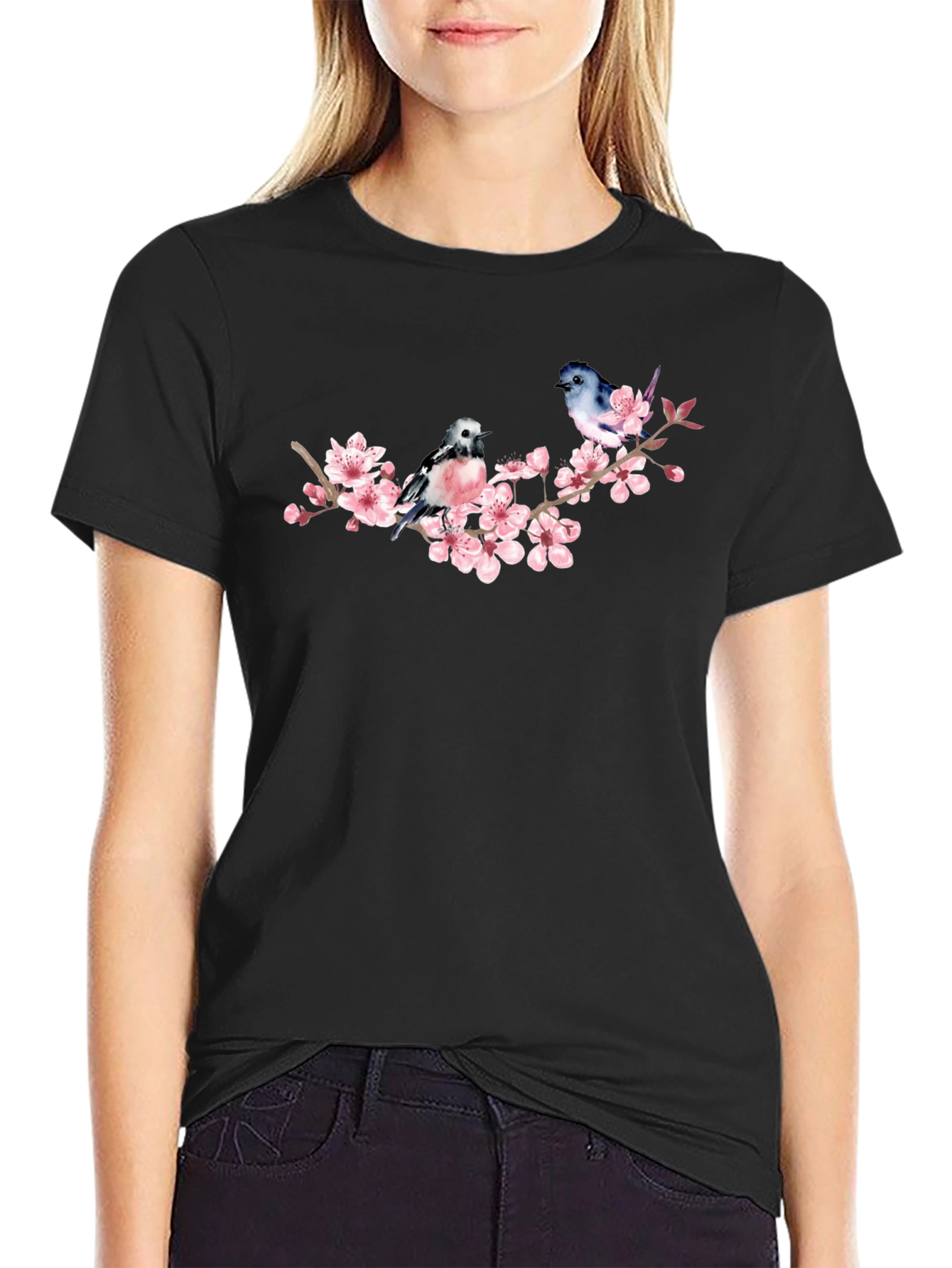 Birds on Cherry Blossom Branch Graphic T-Shirt