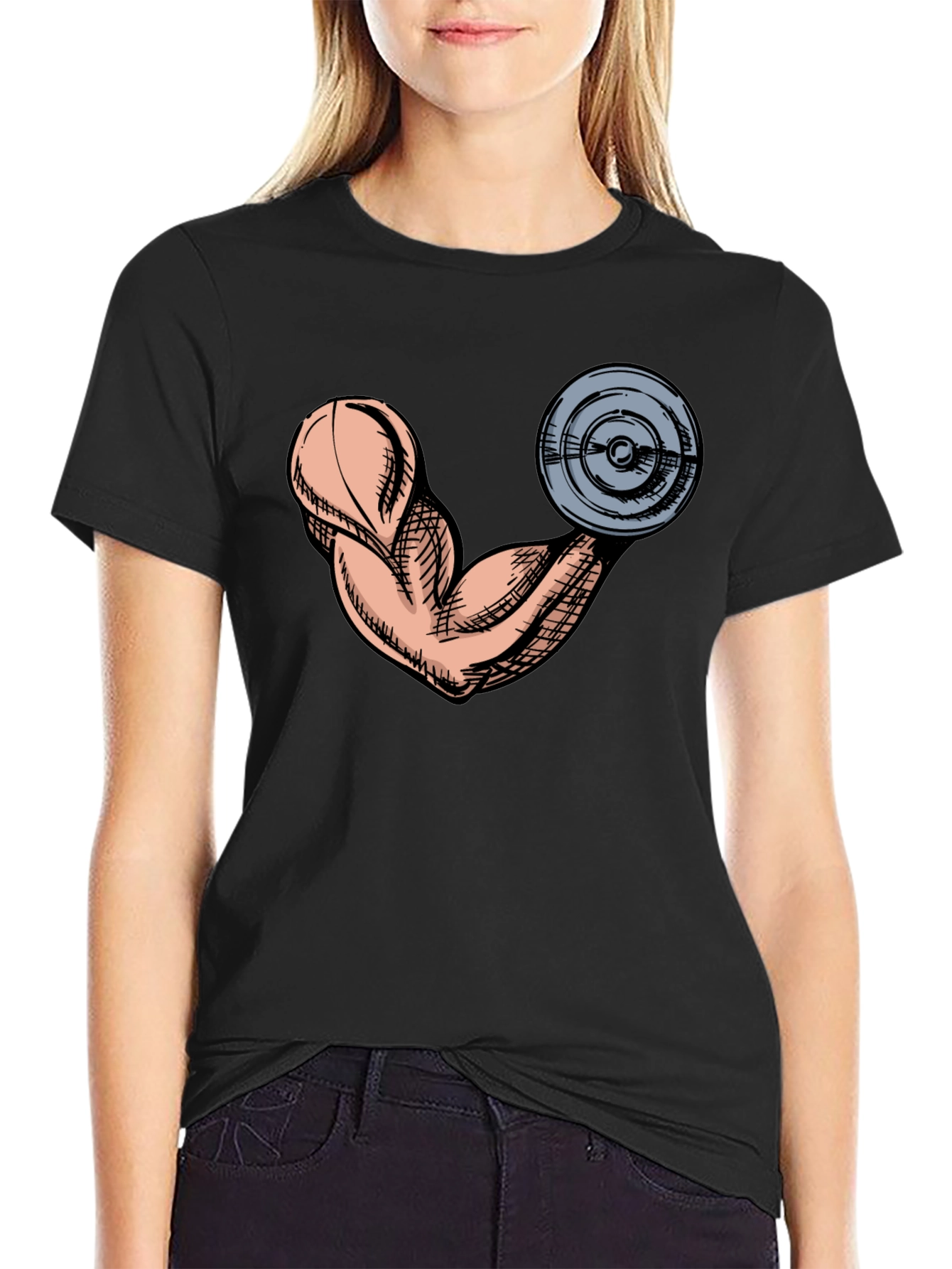 Gym Muscle Arm Graphic Tee - Black Cotton T-Shirt