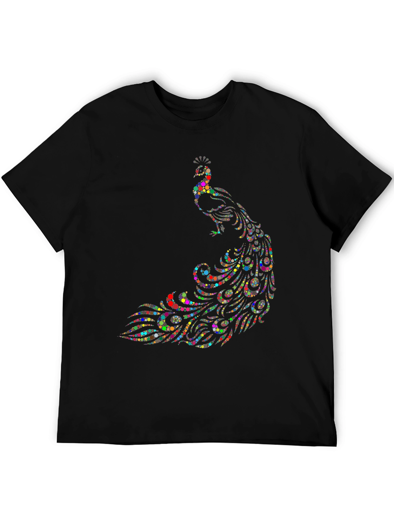 Peacock Dot Art Graphic Tee - Black Cotton T-Shirt